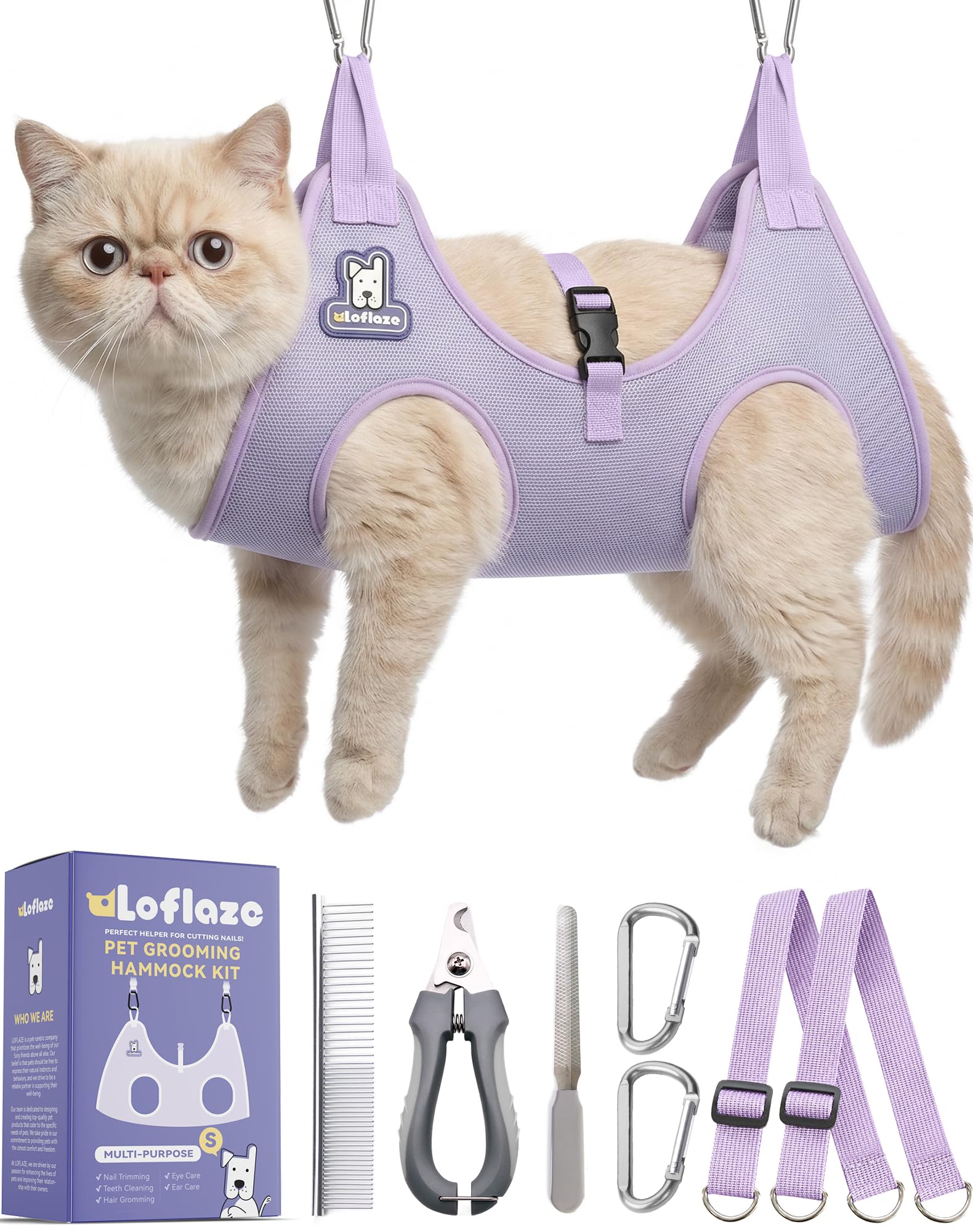 Loflaze Dog Grooming Hammock Harness for Dogs & Cats with Pet Nail Clipper Trimmer - Cat Hanger Sling for Trimming Clipping Nails- Dog Hammock Restraint Bag for Small Medium Large pet ( Purple S) — image 1