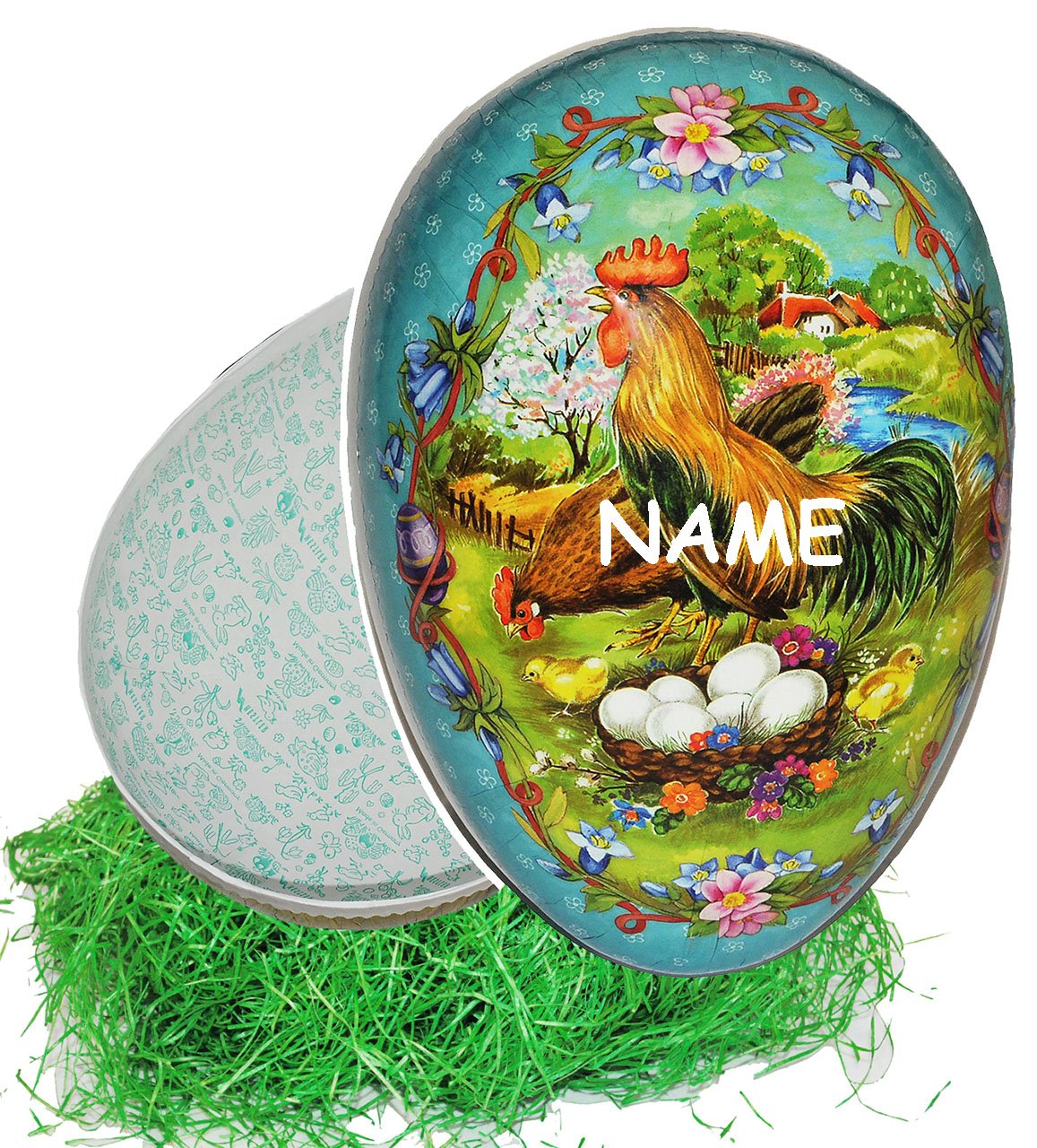 alles-meine.de GmbH XXL - Ostergras & Pappei zum Befüllen - 36 cm - Hasen am Schaufenster - incl. Name - Osterei/Ei zum Befüllen - Papposterei - Deko Pappe Papp - Dekoei Pa..