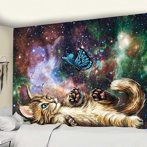 JAWO Cat Wall Tapestry Hippie Cute Cat Strry Night Tapestry Fantasy Animal Kitten Playing with Butterfly Nebula Galaxy Artwork Milky Way Space