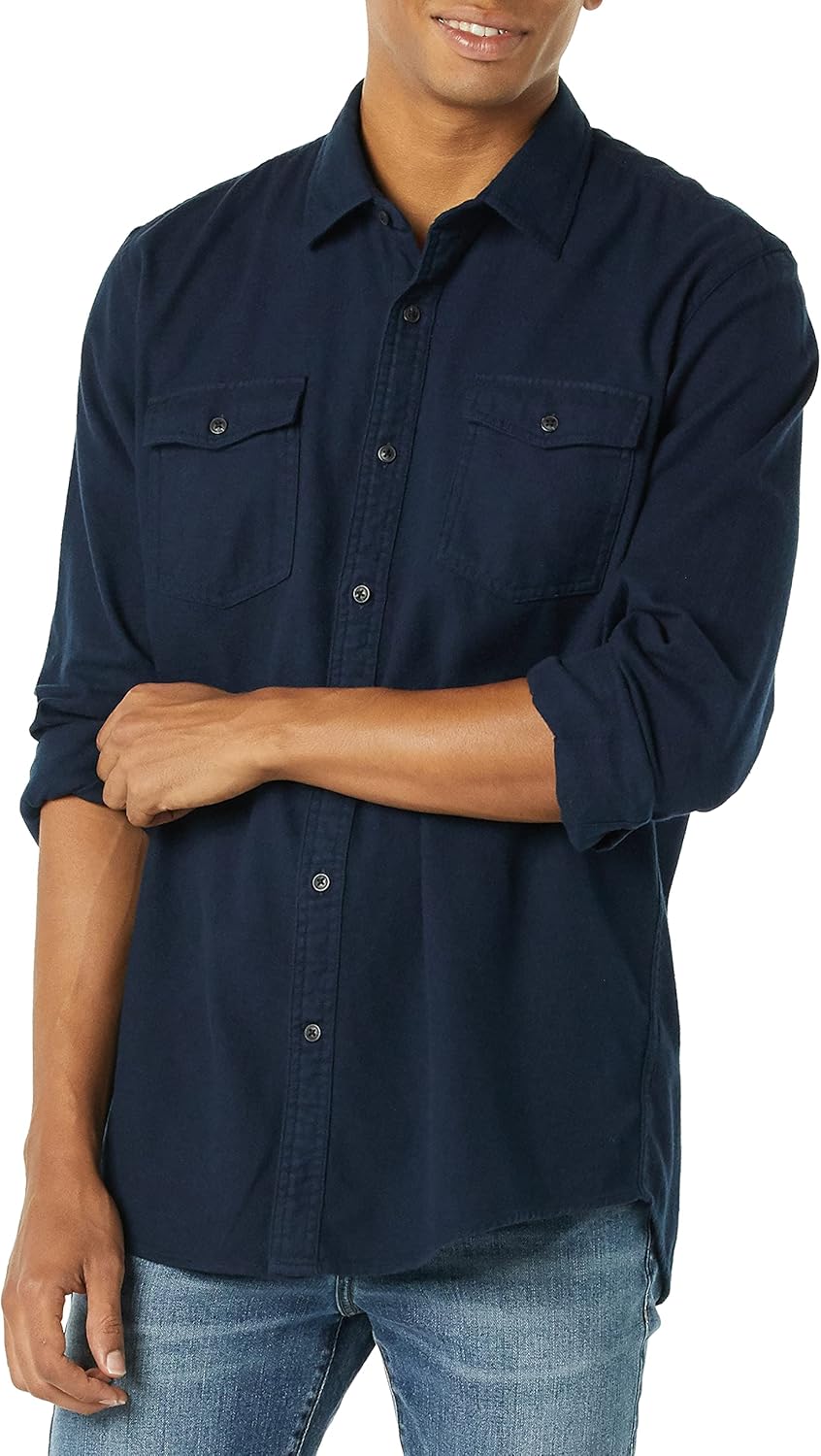 Amazon Essentials Men's Regular-Fit Long-Sleeve Two-Pocket Flannel Shirt, Navy, Large