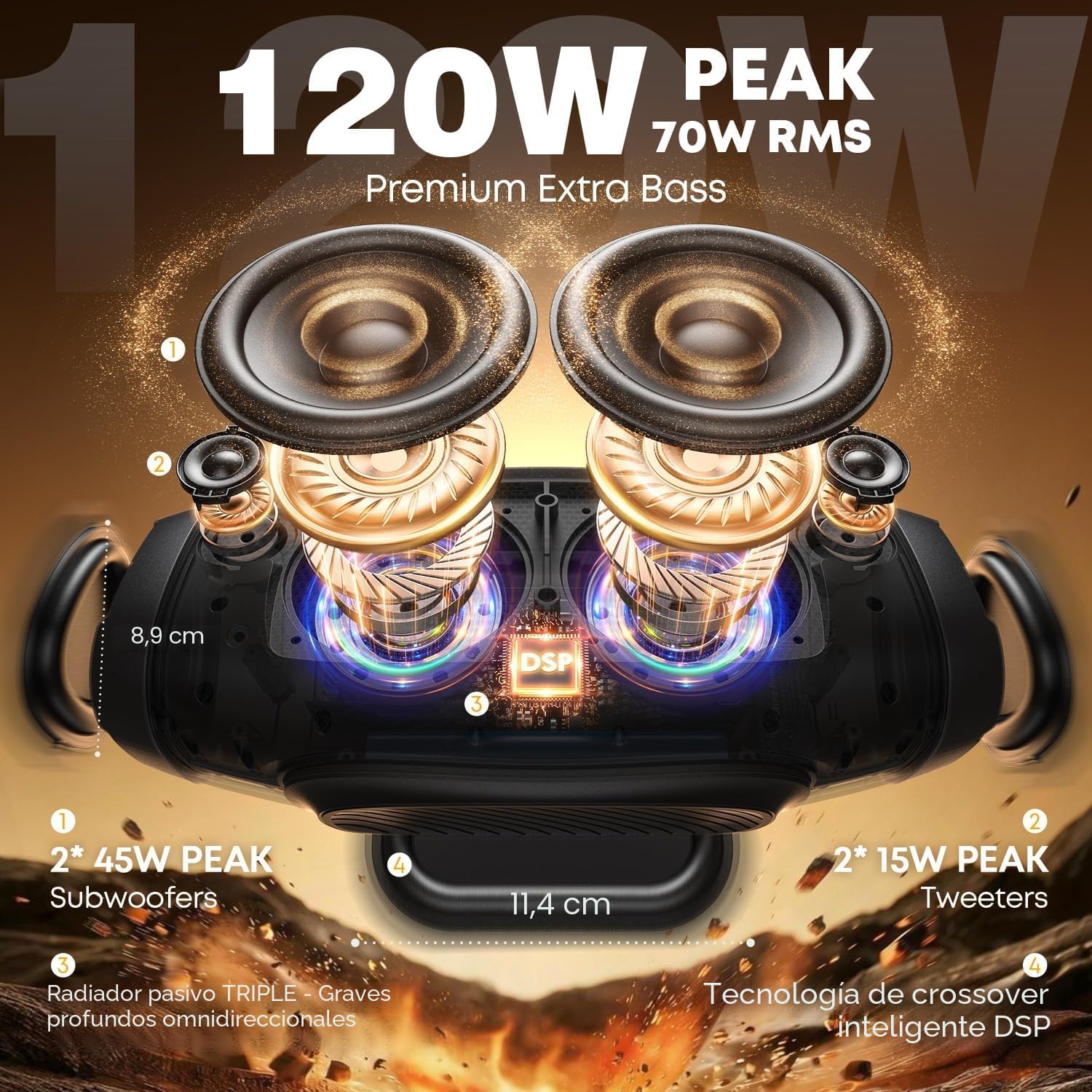 W-KING 120W PICO Altavoces Bluetooth Grande Portátiles con Super Bajo, 70W RMS Impermeable Speaker de Inalámbrico para Fiesta, Radiadores Pasivos Triples, HIFI/42H/DSP/TF/AUX/EQ/PowerBank/abridor(X10)