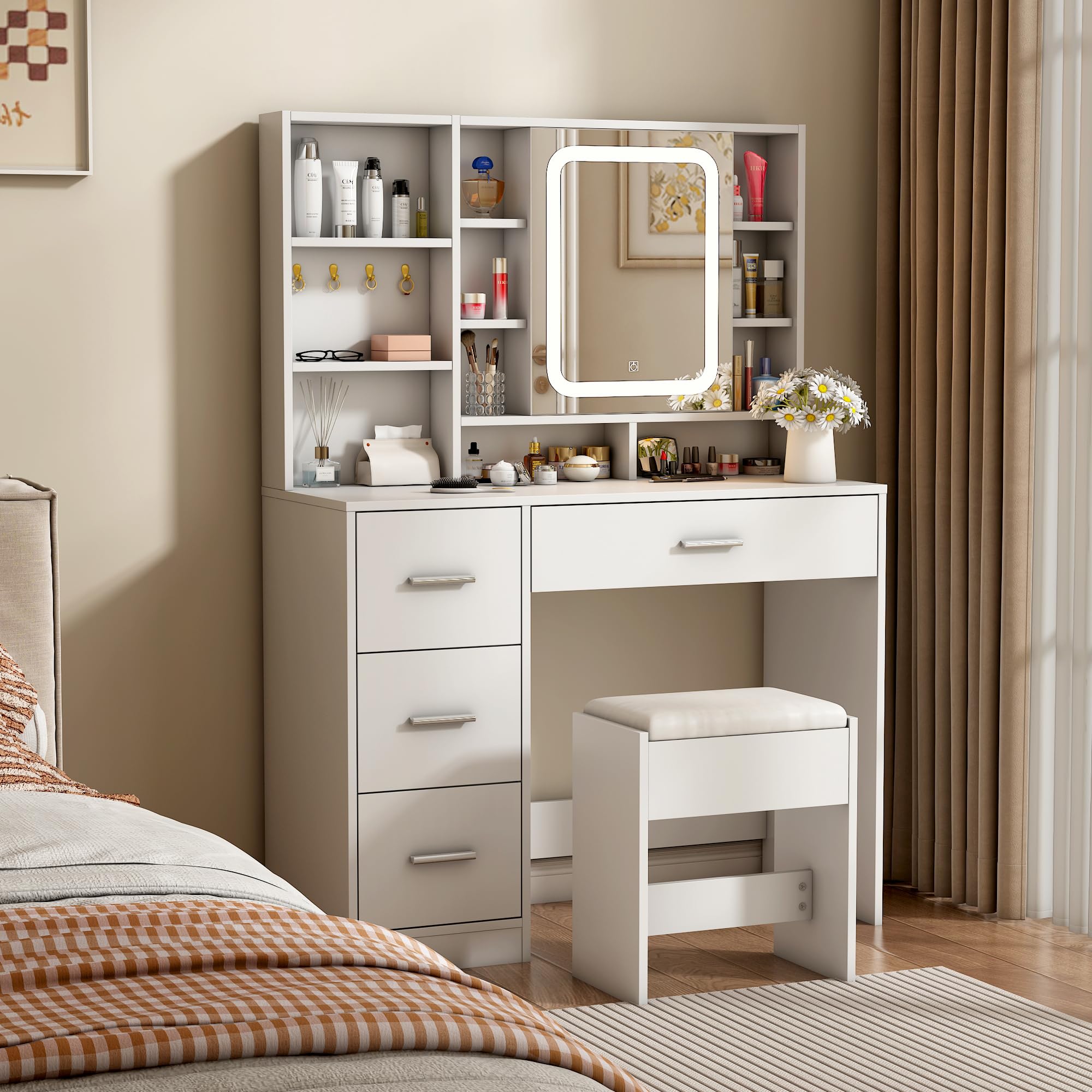 wananMakeup Vanity Desk with Mirror and Lights, 38.6" Modern White Vanity with 3 Drawers, 3 Color Lighting Modes, 3-1 Bedroom Vanity Desk for Girls