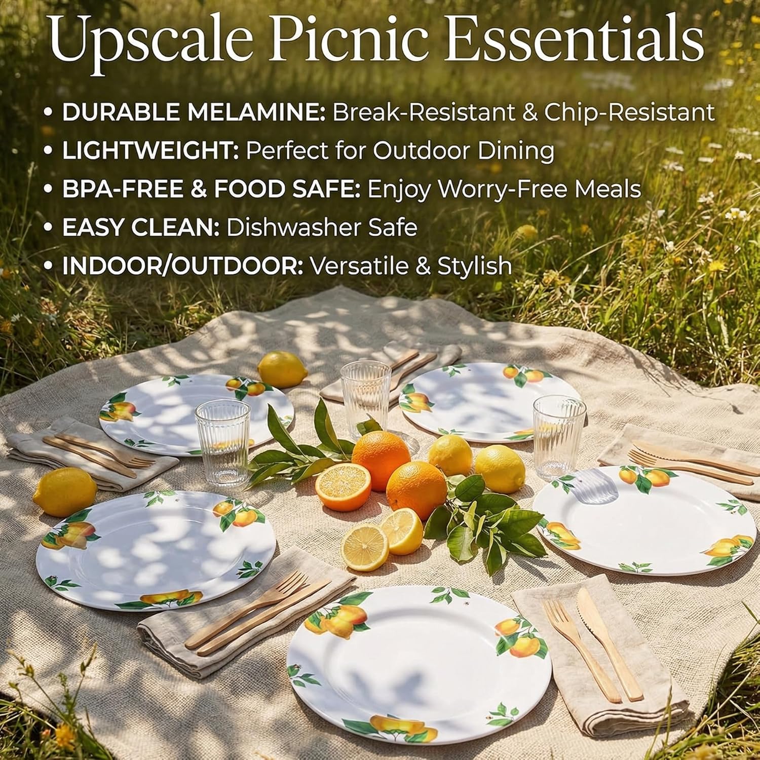 Melamine Dinner Plates 10 Inch – Lemon Print Design Dishes Set of 6,Outdoor & Indoor Use,Shatterproof & Dishwasher Safe,Perfect for Picnic, Patio, and Everyday Dining,White - Image 9