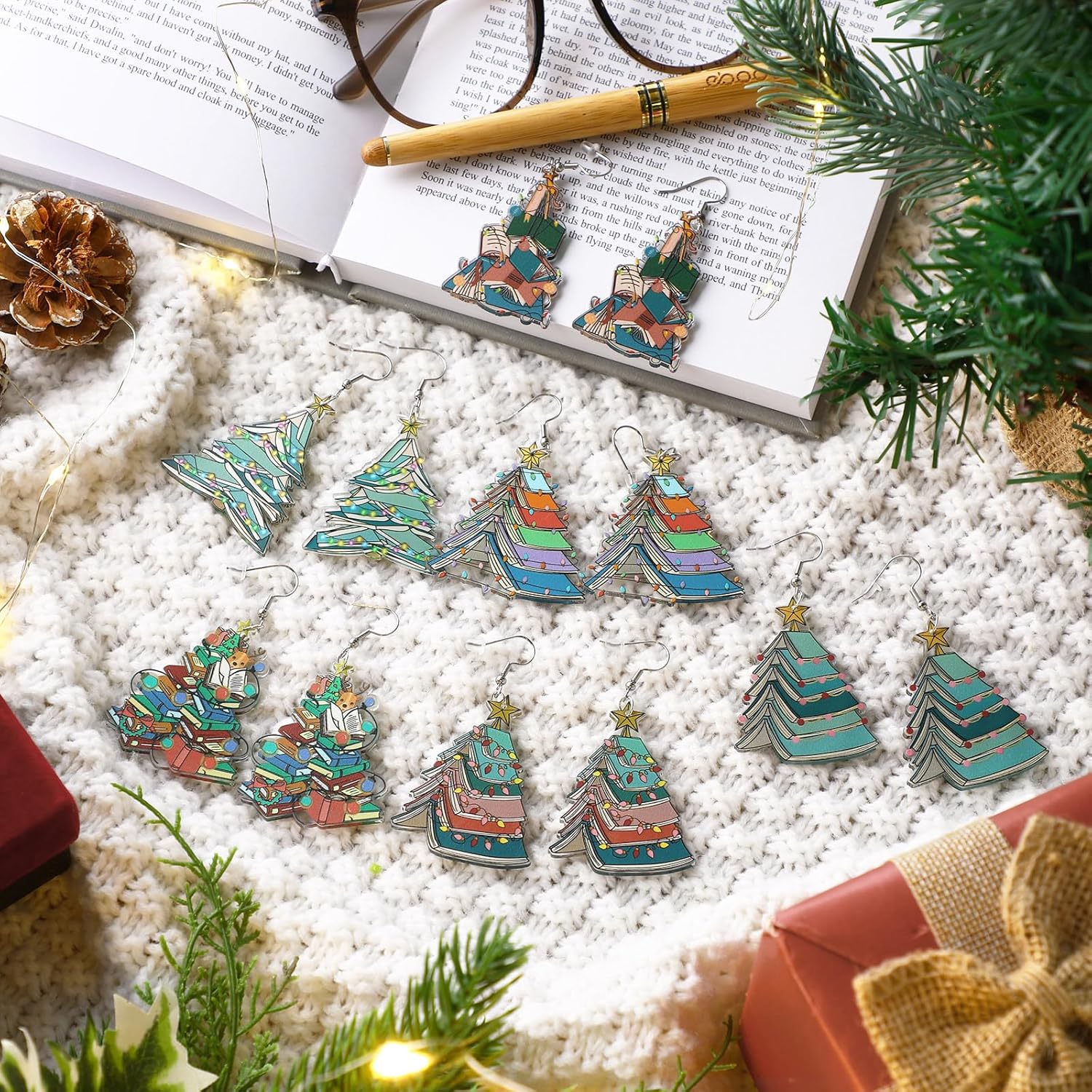 Quelay 6 Pairs Christmas Books Earrings Bulk as Teacher Gifts Cute Book Earrings as Lovers Gifts Stack Christmas trees Double Sided Acrylic Party Jewelry - Image 3