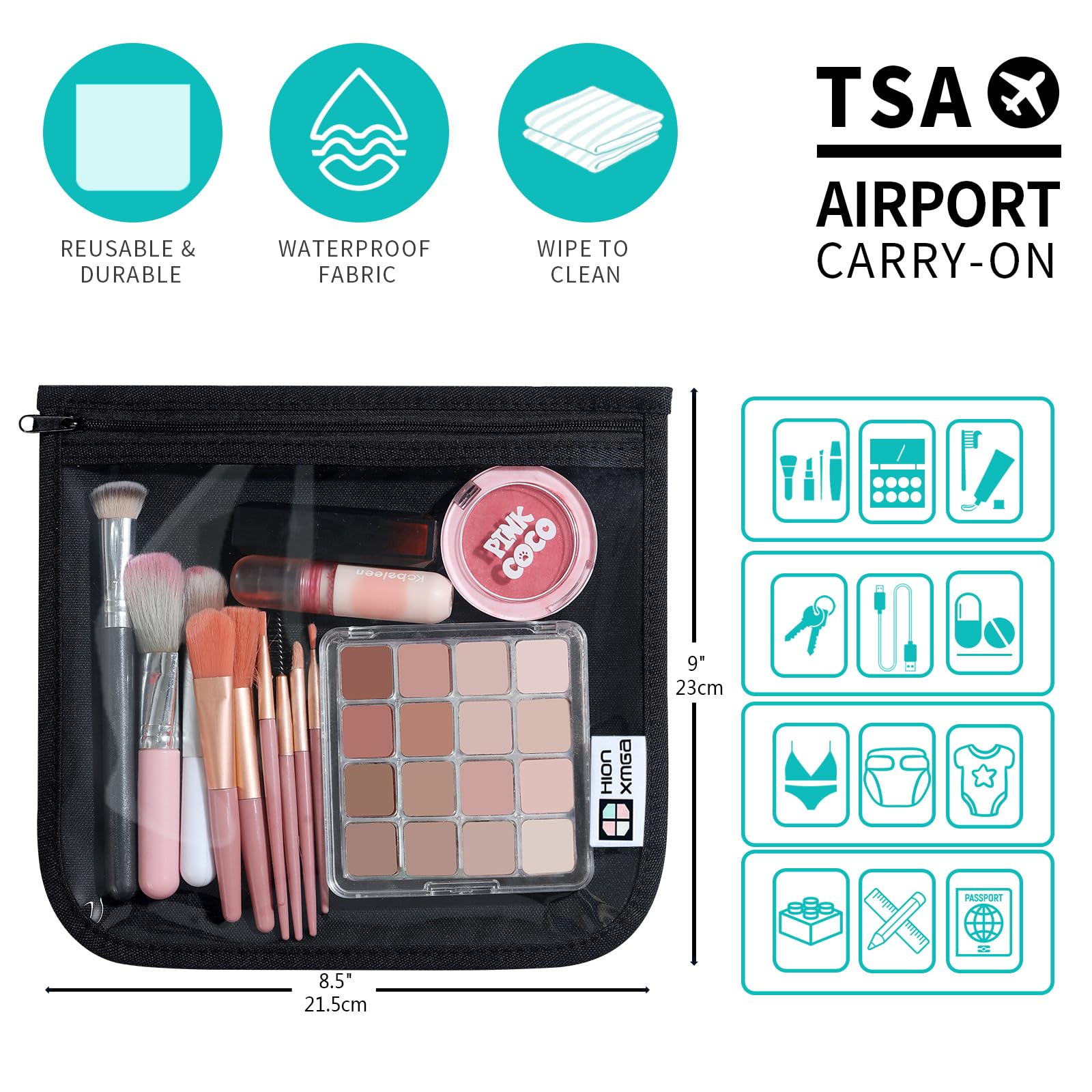 HIONXMGA Neceser aprobado por la TSA, Negro, 3 grandes, L, Bolsas de viaje transparentes