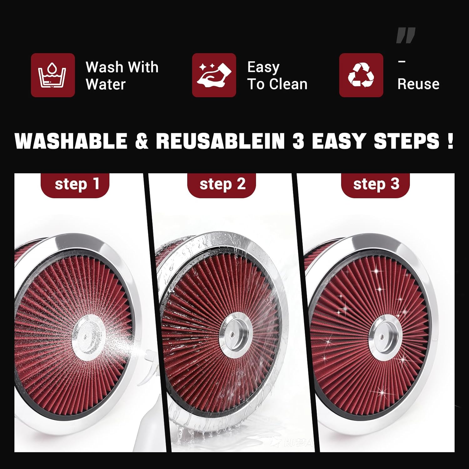 14" X 3" Round Air Cleaner Filter Assembly Kit With High- Flow Thru Lid Washable & Reusable for Caburetor Lid 5-1/8" Carb Neck Compatible with Ford/GMC/Chevy SBC BBC (RED)