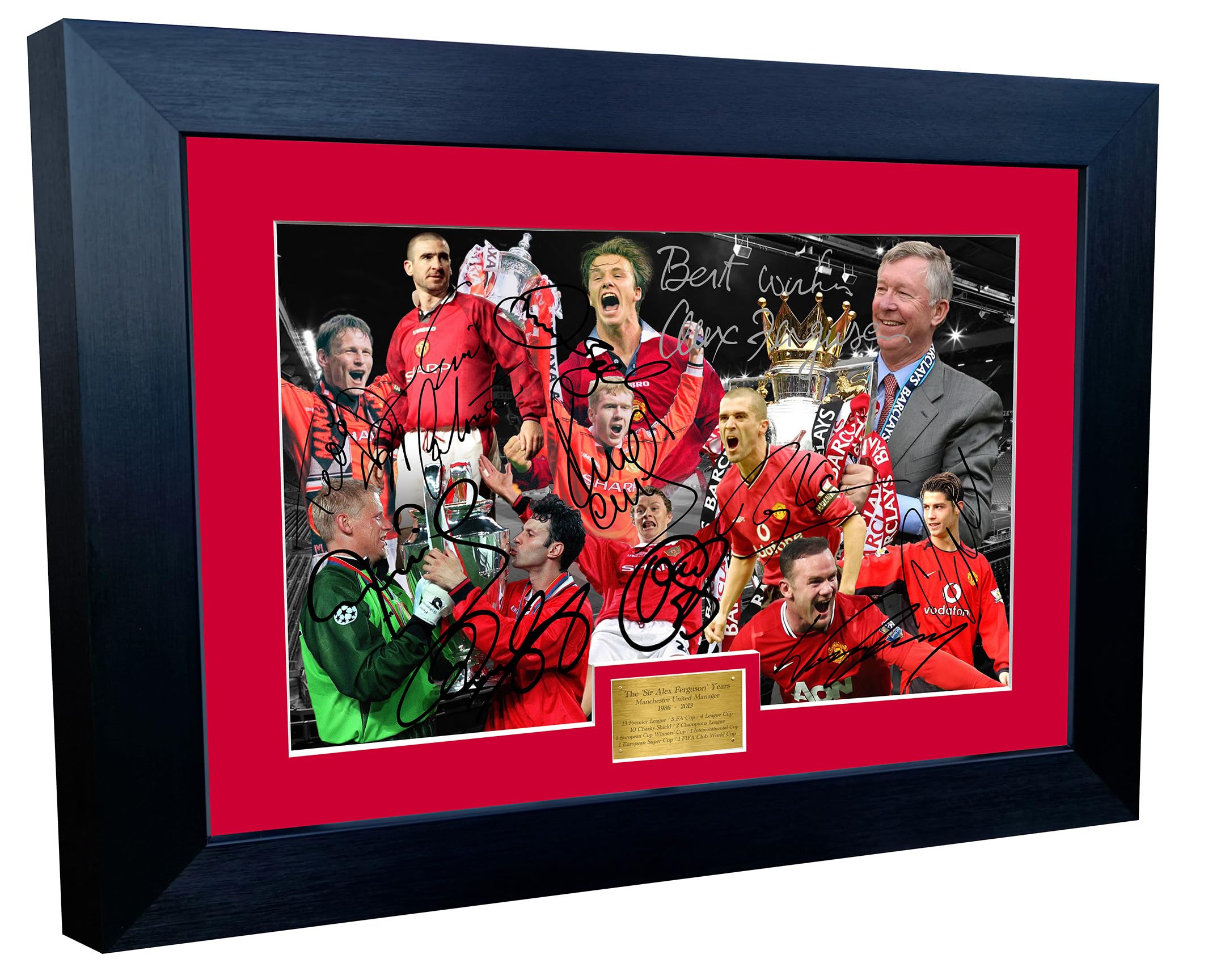 SIR ALEX FERGUSON YEARS Manchester United Autograph Signed Signature Photograph Photo Picture Frame Football Soccer Gift Beckham Giggs Cantona Keane Ronaldo Rooney (Black Frame With Red Mount, A4)
