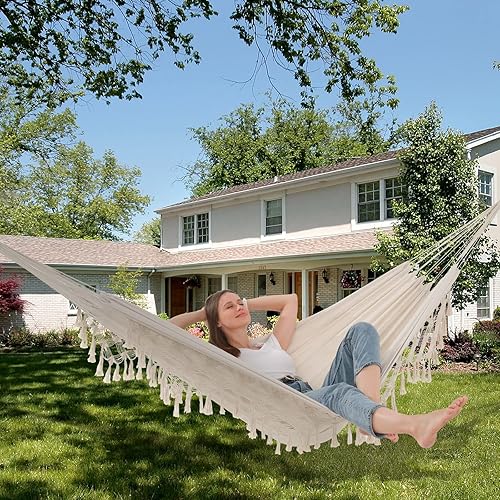 Miniatura 8 de Hamaca colgante doble máximo 500 libras macramé para interiores y exteriores, patio, jardín (beige)