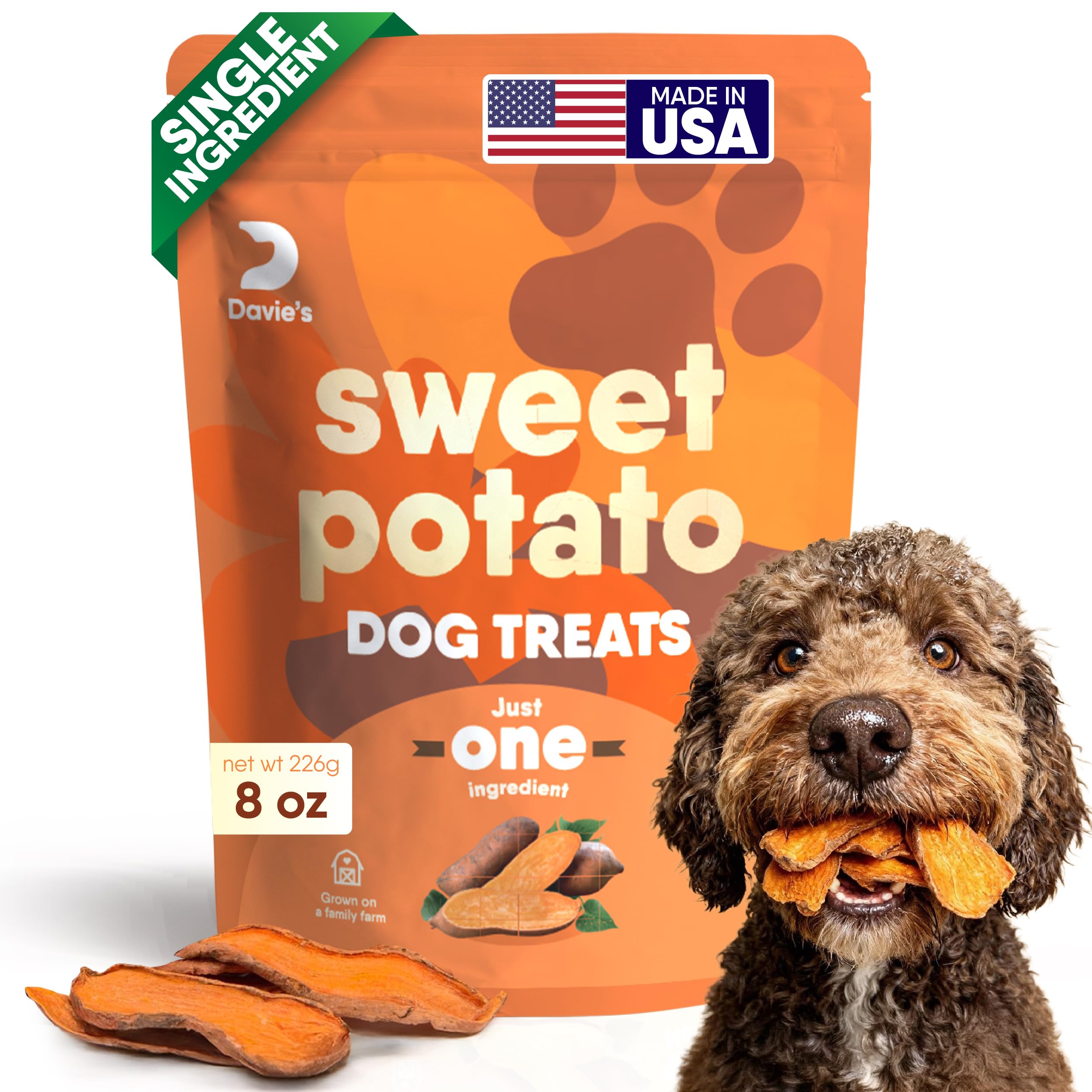 Davie's Sweet Potato Dog Treats - Healthy, Natural, Low Fat Chews Made in USA Only, 0.5 lb. Bag