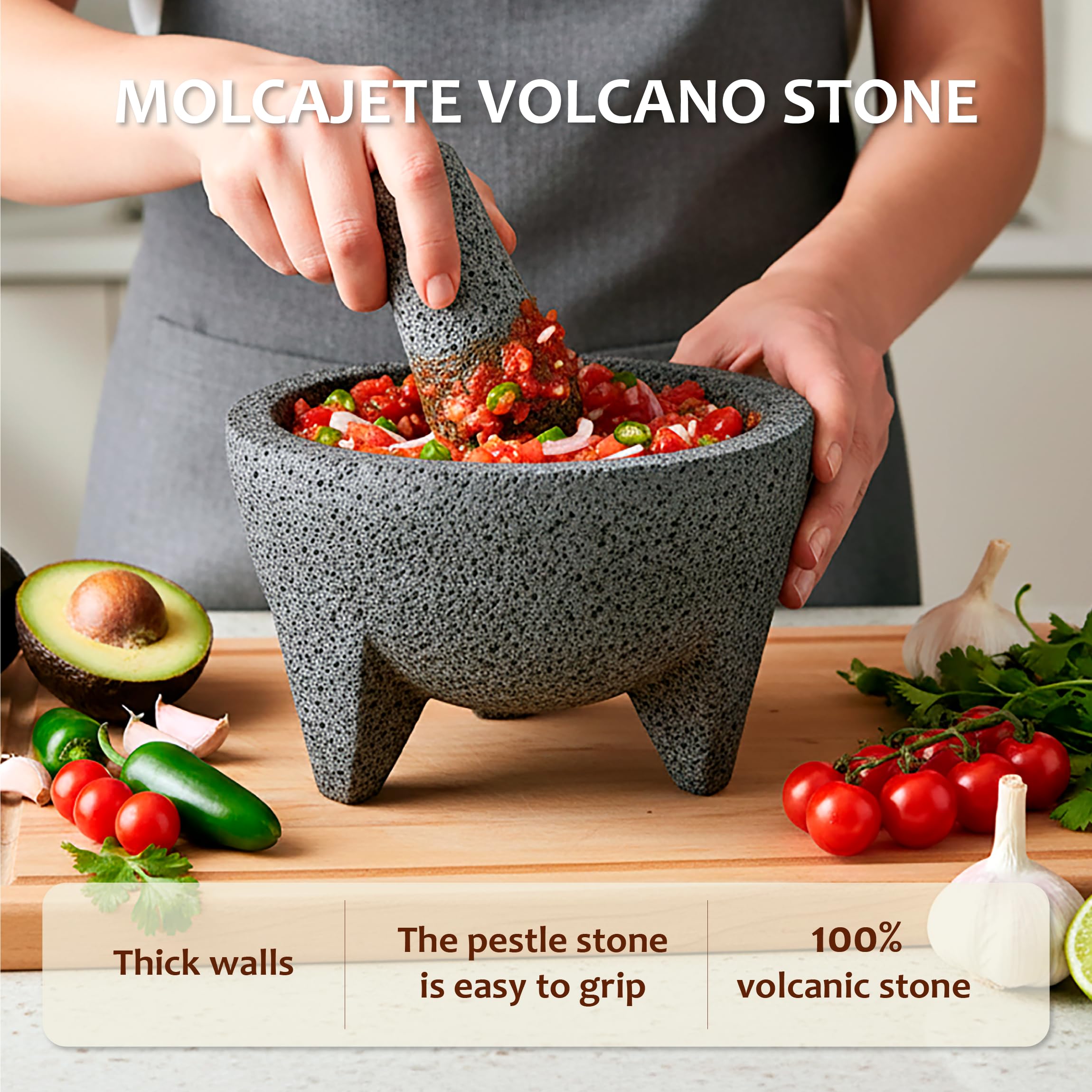 Molcajete mexicano de 8 pulgadas, hecho a mano con piedra volcánica natural, utensilio de cocina artesanal para moler con poros para triturar, especialmente diseñado para moler especias, salsas y