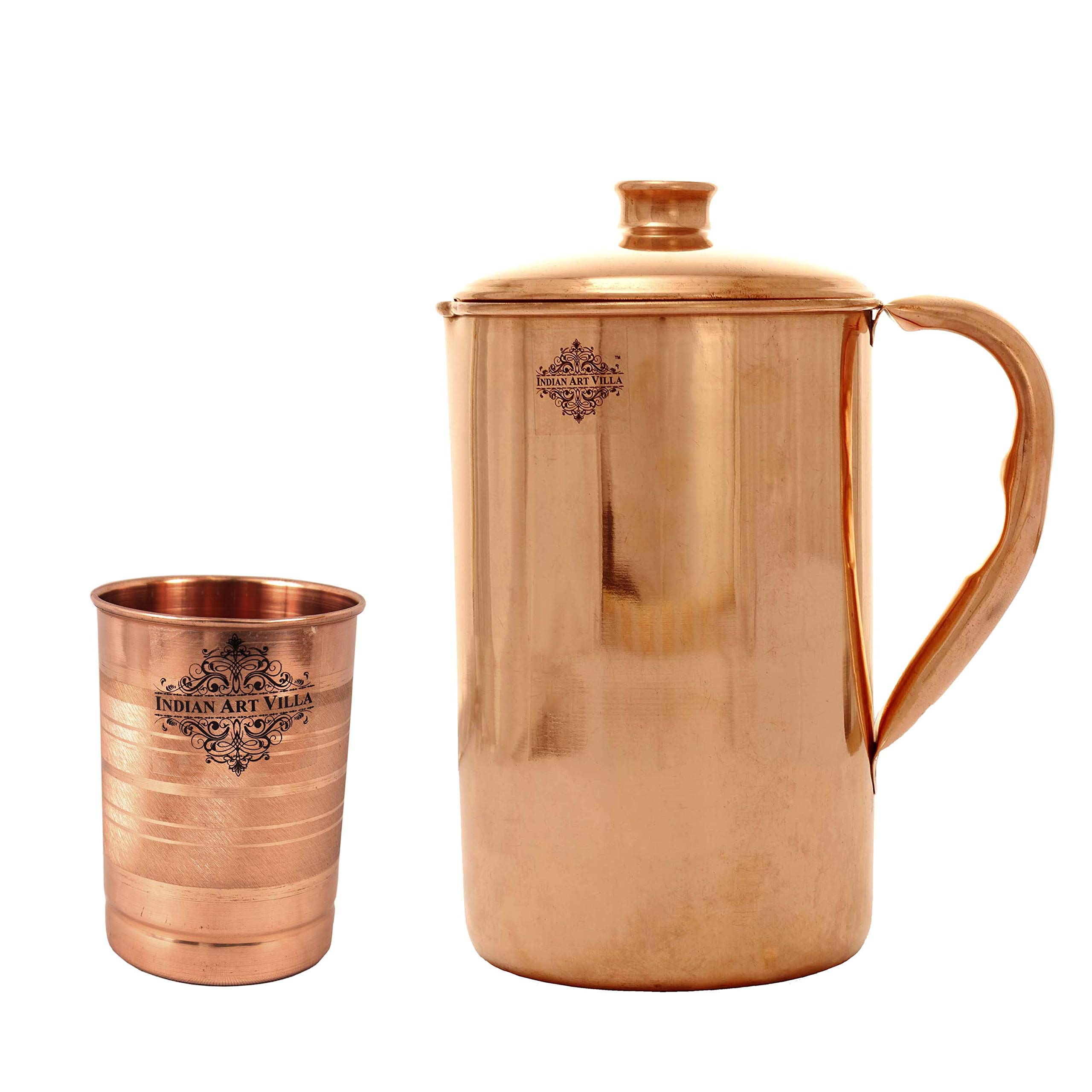 Indian Art Villa Handmade Pure Copper Jug Pitcher - 54 OZ With 1 Glass Cup - 10 OZ