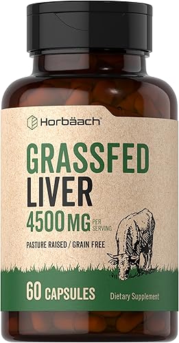 Horbäach Hígado de res alimentado con pasto | 4500 mg | 60 cápsulas | Desecado, criado en pasto, sin granos, suplemento sin OMG
