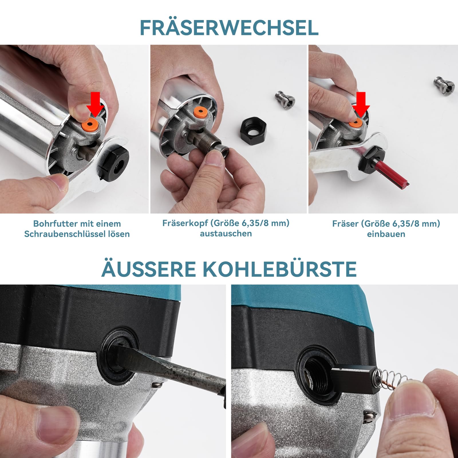 Kantenfräse, 1000W 30000 U/min Oberfräse Trimmer mit Staubabsaugung, 6 Gang Einhandfräse mit 15 Fräsen Cuter, Zum Anfasen Nuten Trimmen Stanzen Schneiden und Schnitzen von Holz