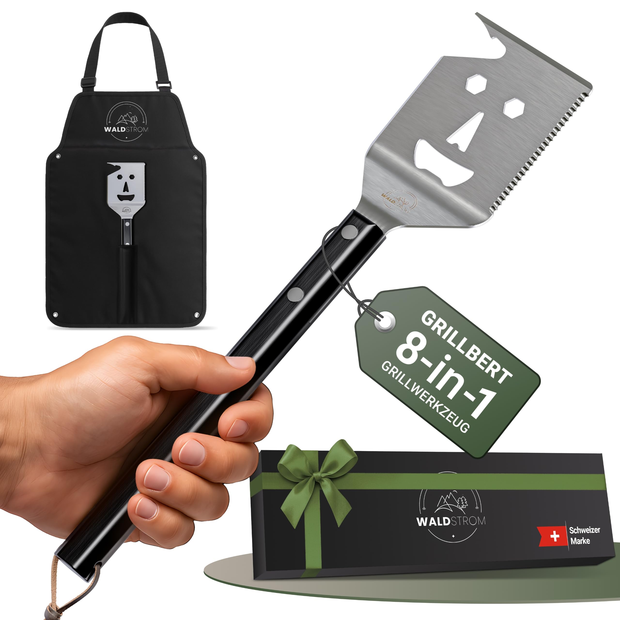 Waldstrom® 8-in-1 Grillspachtel Multitool I Grill Zubehör Set mit inklusive Grillschürze - ideales BBQ Geschenk für Männer I Geburtstagsgeschenk für Männer