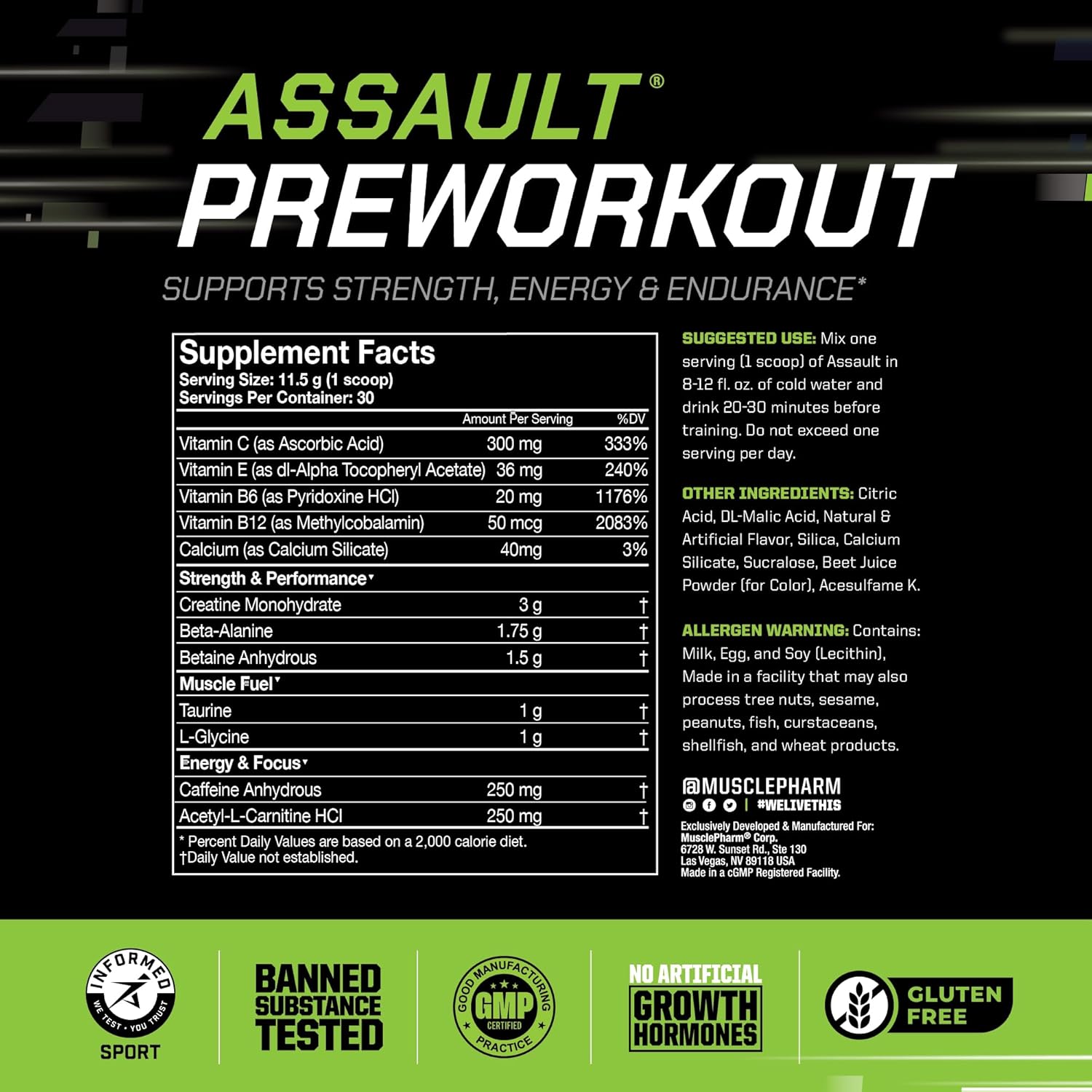 MusclePharm Assault Pre Workout Powder for Men & Women – Energy & Strength Boost Pre-Workout Supplements with Beta Alanine, Caffeine, Creatine & Betaine Anhydrous – 30 Servings, Hwachae Melon Flavor