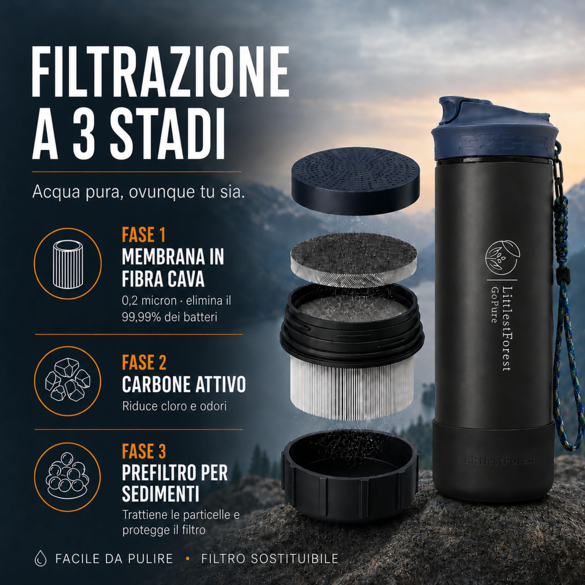 GoPure Borraccia Filtrante 800ml 1500L Trekking Senza BPA