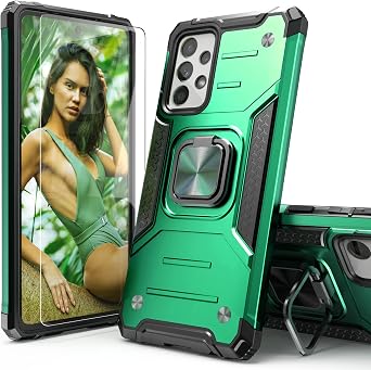 for Galaxy A52 5G Case with Screen Protector,Shockproof Drop Test Slim Fit Cover with Car Mount Kickstand Lightweight Protective Cover for Galaxy A52 5G,Dark Green
