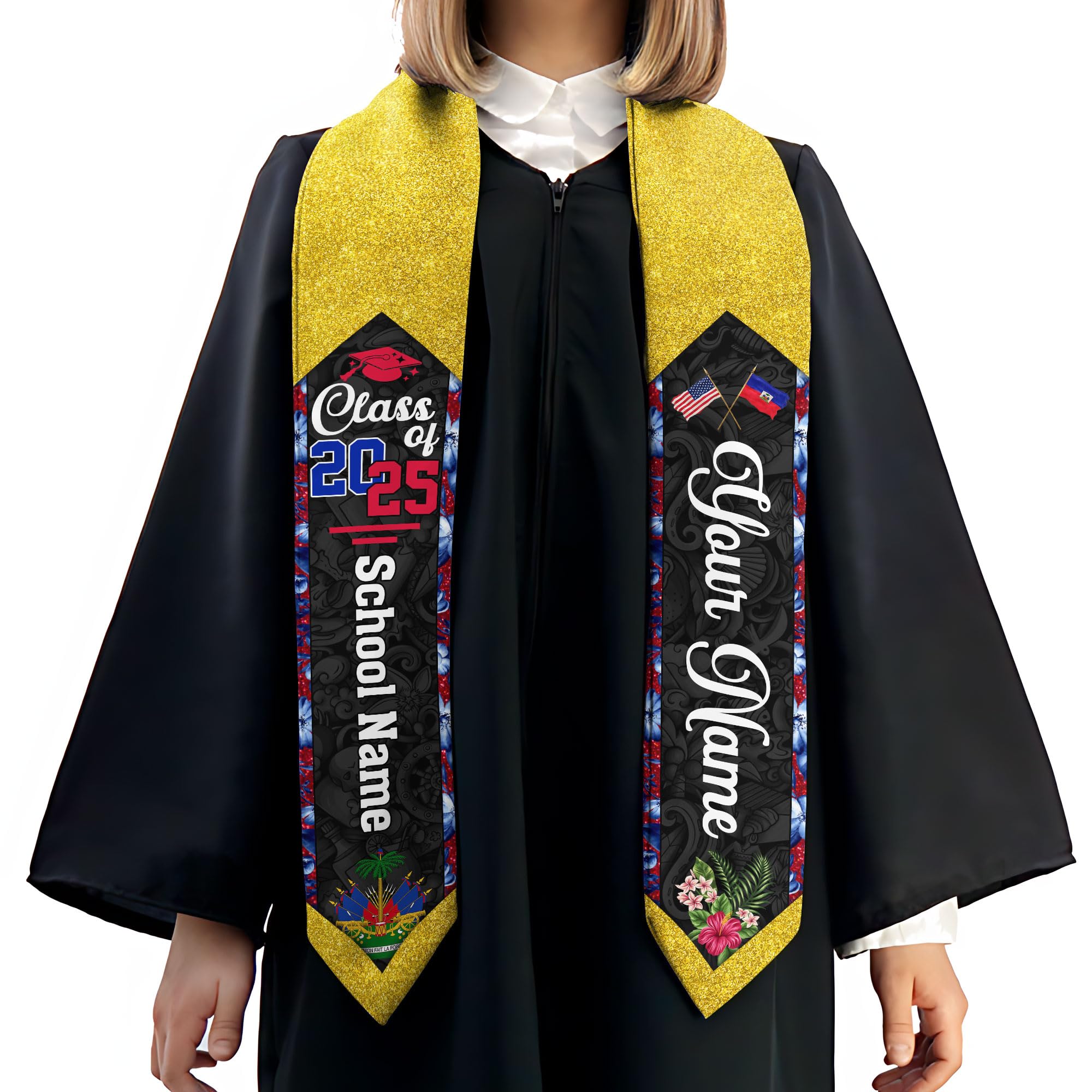 MonkeyVan Custom Haitian Graduation Sash 2025,Personalized Haiti Flag Graduation Stole,Haitians American Flag Graduation Sash S41