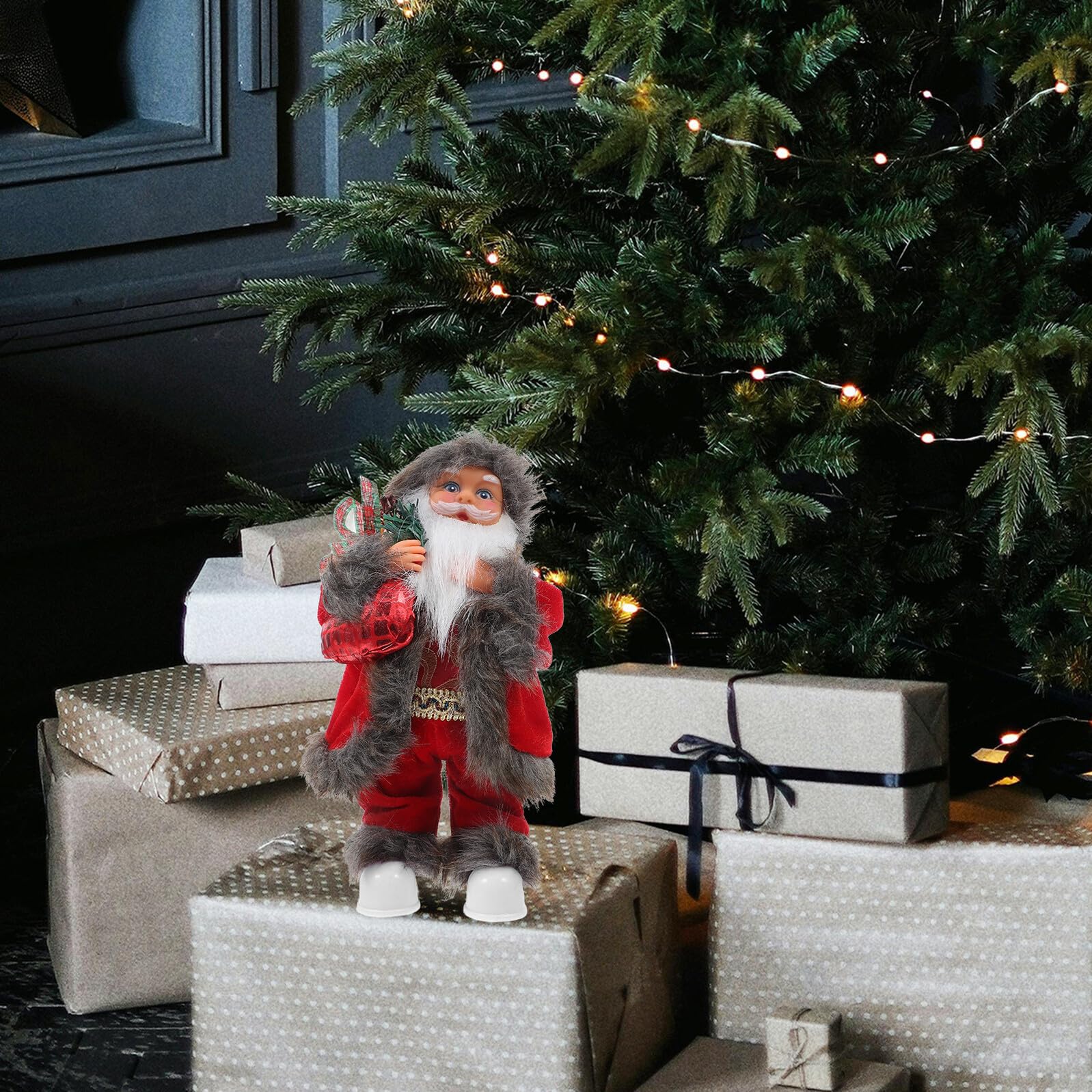 Figura de Papá Noel Eléctrico Navideño de Peluche Musical Decoración Navideña de Escritorio Luces Muñeco de Papá Noel de Pie para Adornos de Chimenea y Ventanas