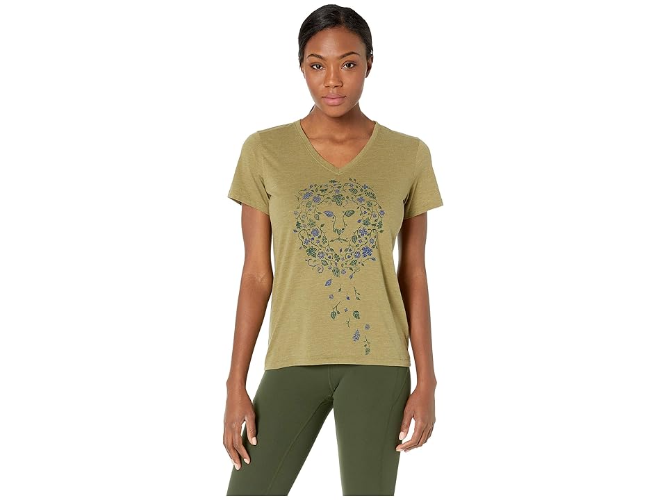 

Life is Good Flower Lion Cool Vee (Fatigue Green) Women's T Shirt