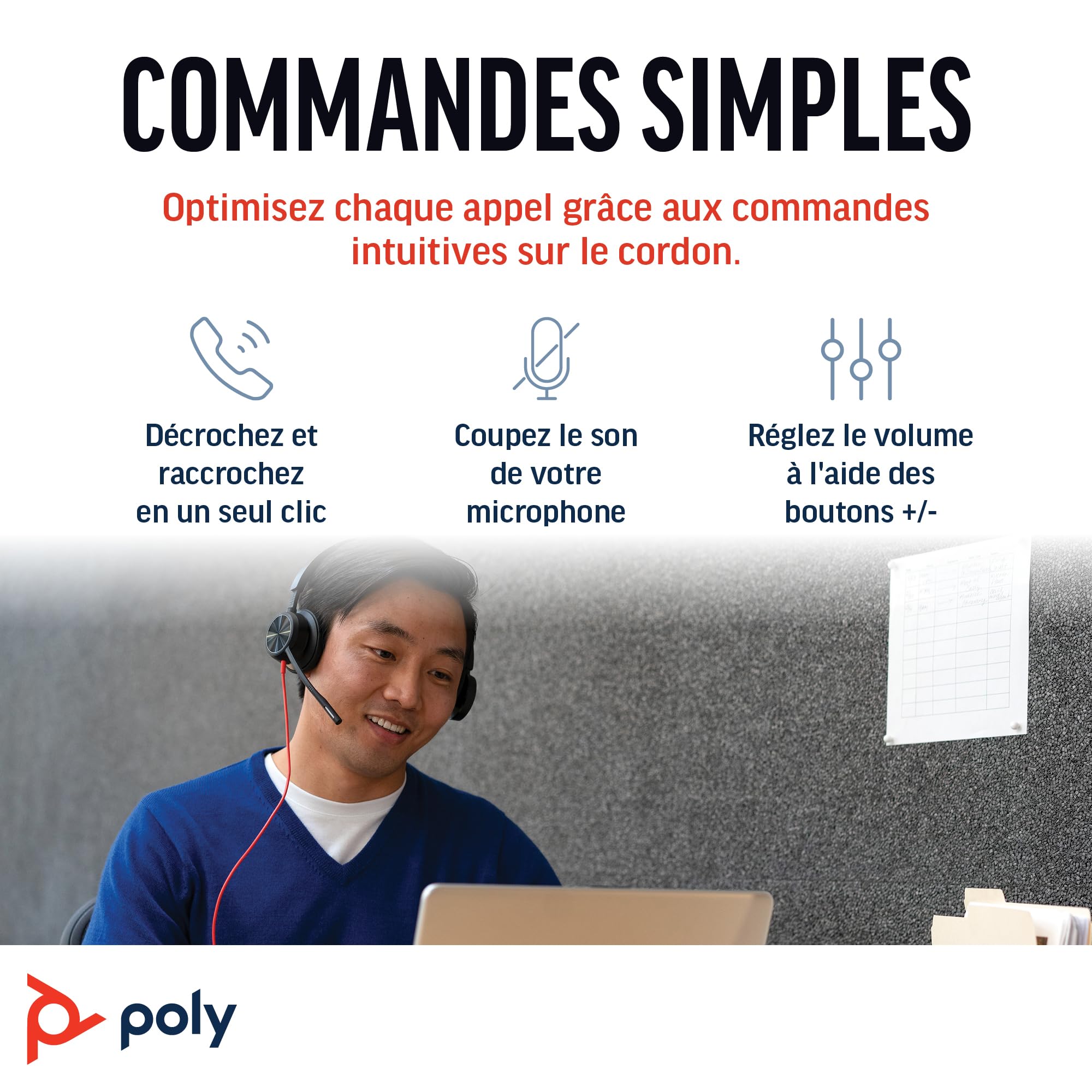 Micro-casque filaire haut de gamme Poly Blackwire 8225 – Annulation active du bruit – Son binaural hi-fi - Connexion à un PC/Mac - Fonctionne avec Teams, Zoom