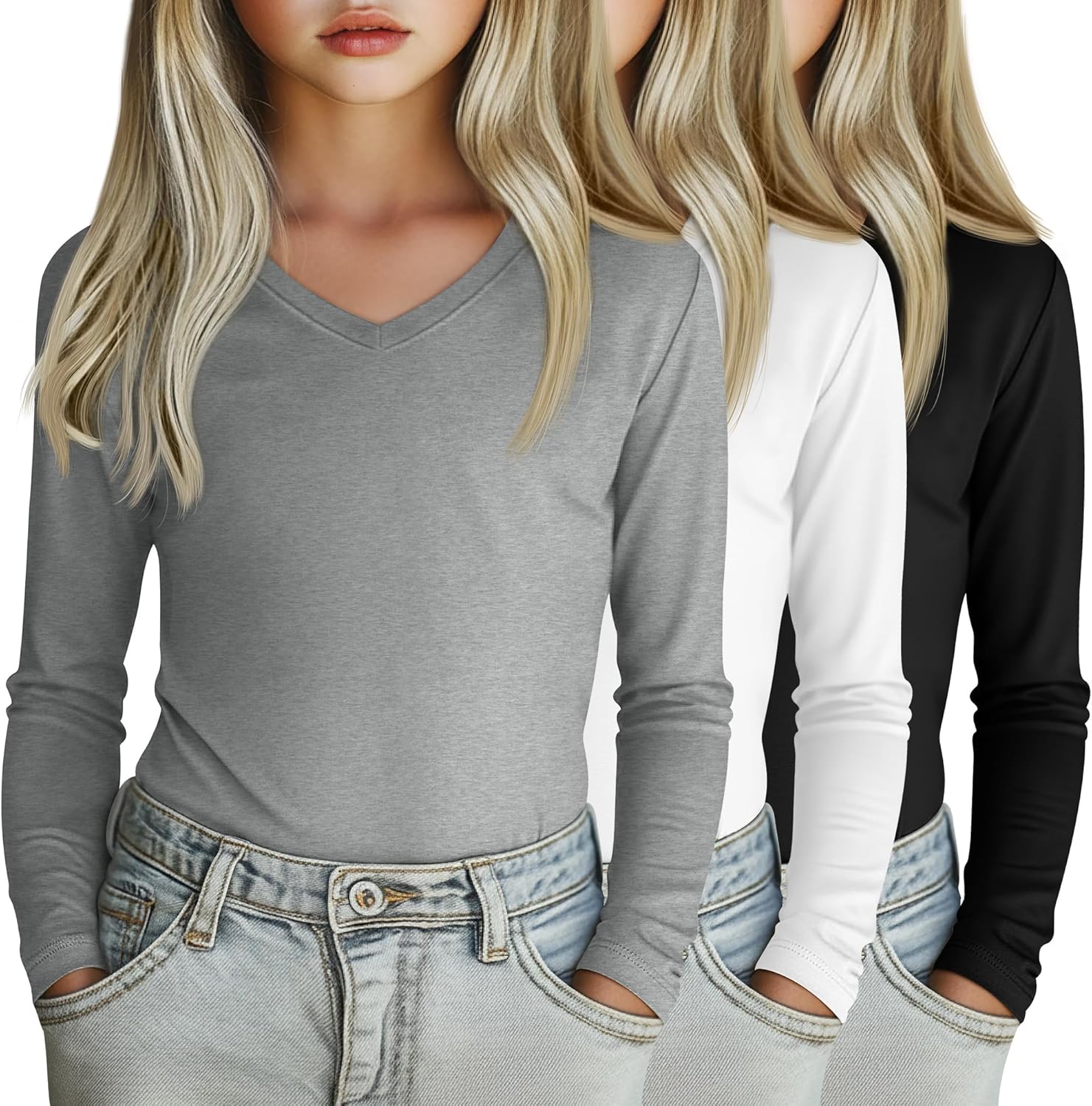 3 Pack Girl's Long Sleeve Shirts, Soft V Neck Kids Tops Fall Loose Fit Basic Tee Casual T Shirts for 3-16 Years
