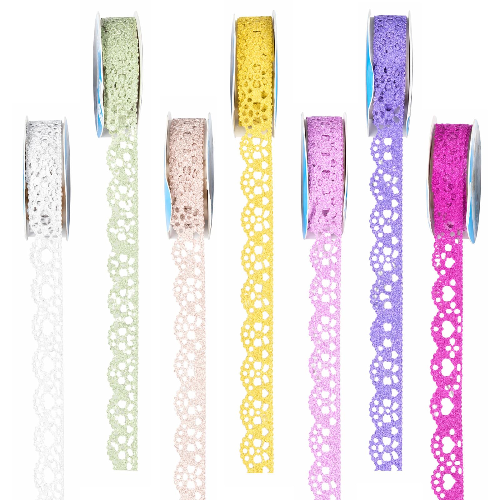 Kemay 7 Rolls Lace Washi Tape Set, Hollow Out Glitter Decorative Self-Adhesive Lace Tape for Scrapbooking, Card Making, DIY Arts and Crafts, Gift Wrapping, Journaling Supplies (7 Assorted Colors)