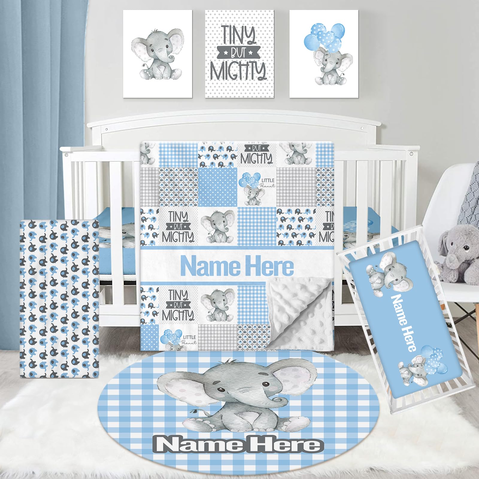 Dyoart Personalized Baby Bedding Set - 5 Piece Custom Name Baby Sets with Elephants Pattern, Custom Name Blanket with Soft Dotted Backing, Nursery Bedding Gifts for Unisex Newborn Toddler