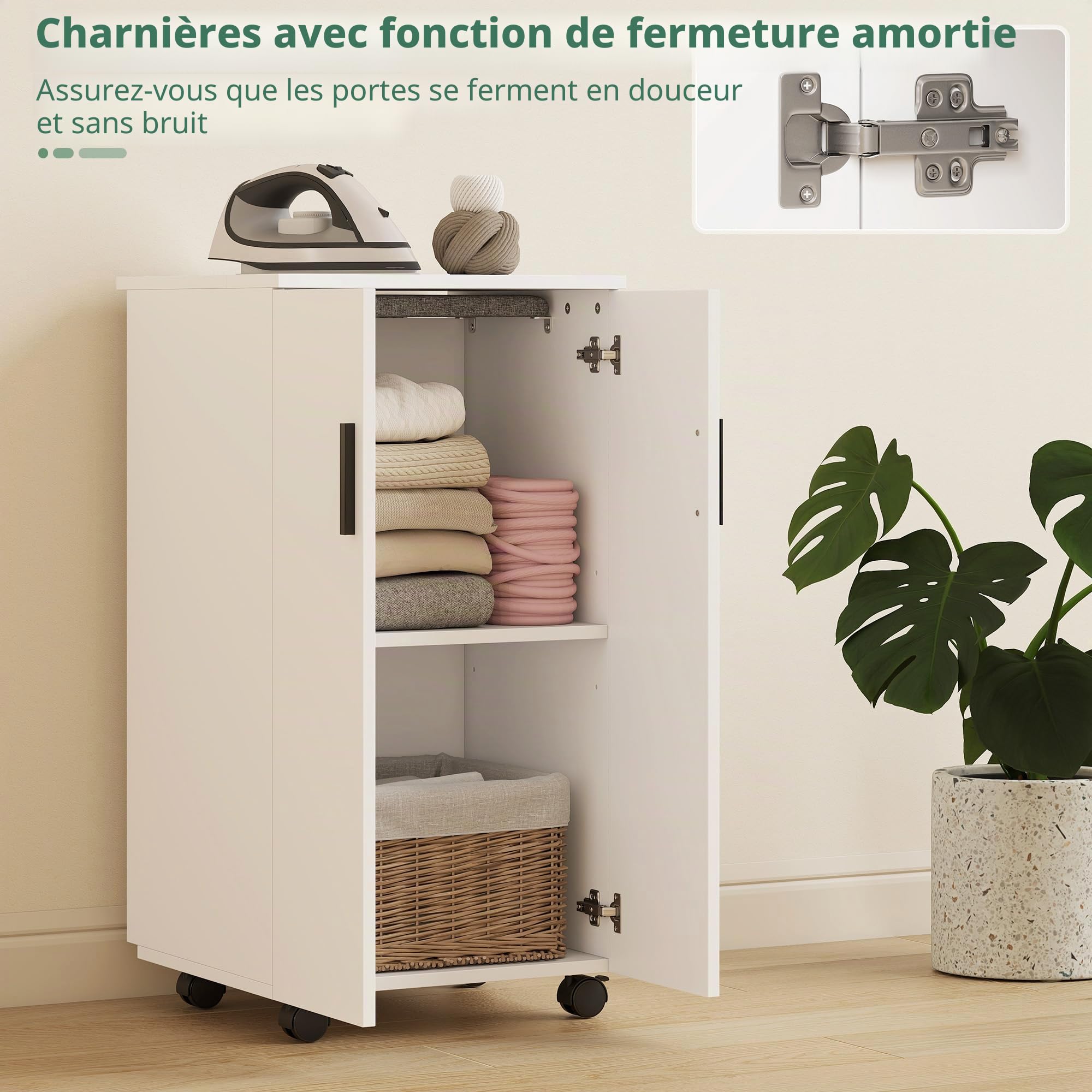 HOMCOM Armoire de table à repasser pliable avec 2 portes 99,5 x 43 x 83 cm Blanc | Étagères réglables, table à repasser pliante, roulettes, rangement, charnières à fermeture douce, pour buanderie