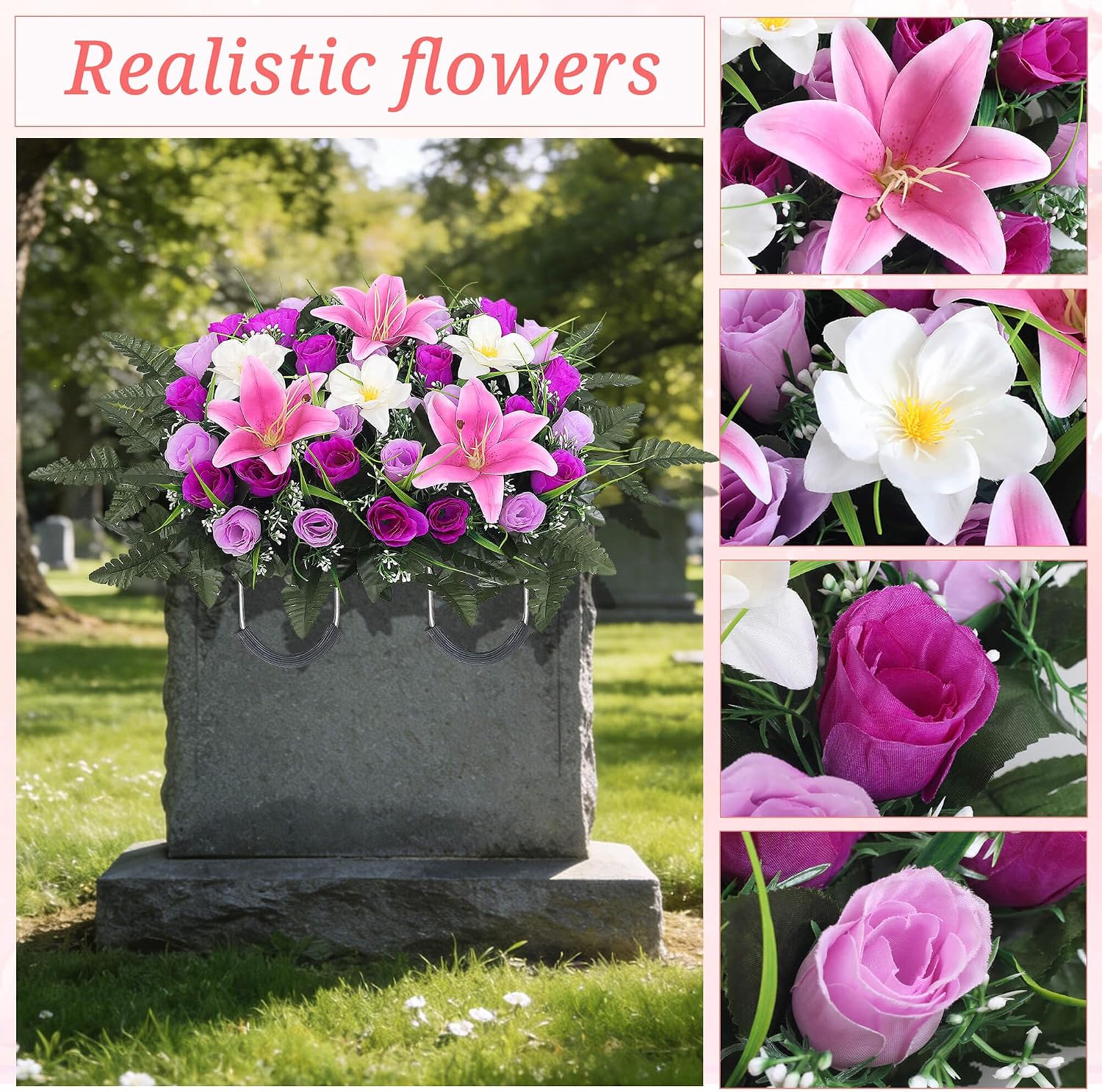 Cemetery Flower Saddle - Grave Flowers for Cemetery,Artificial Rose, Lily & Orchid Arrangement for Headstone - All-Weather Grave Decor for Outdoor Tombstone Headstone Decorations (Purple)