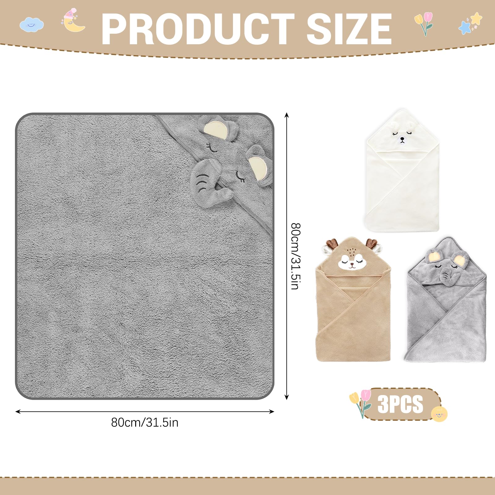 Lot de Serviettes de Bain à Capuche pour bébé - en Polaire Corail Moelleuse - Douce et Super absorbante - 80 x 80 cm - Serviette de Bain absorbante (3, Éléphant Gris avec cerf caféiné)