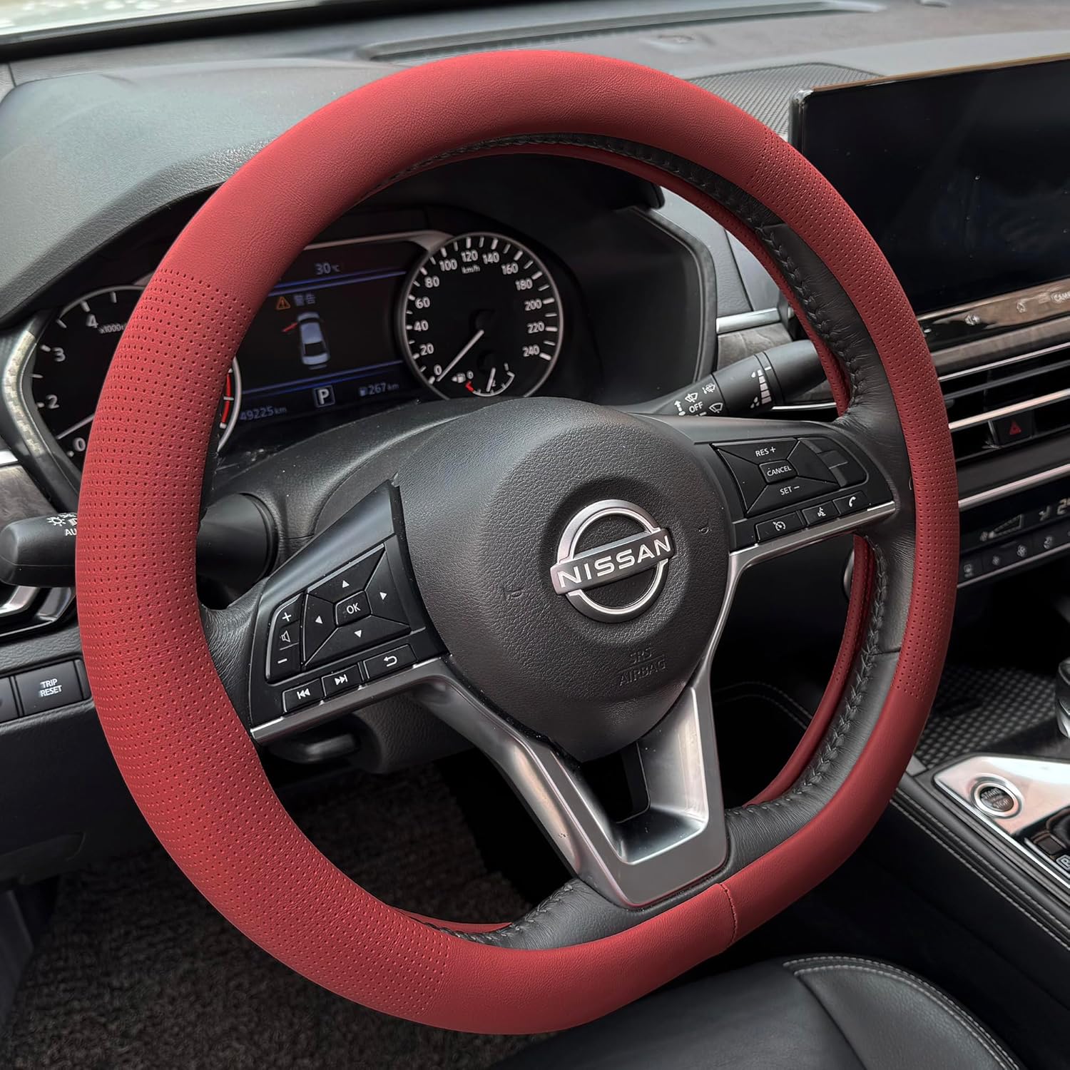 PINCTROT D Shaped Nappa Leather Steering Wheel Cover, Slim Fit No Bulk Design, One Piece Leather with Breathable Perforation, Fit Like Gloves, Flat Bottom 14.5-15 Inch(Nappa Rust Red)