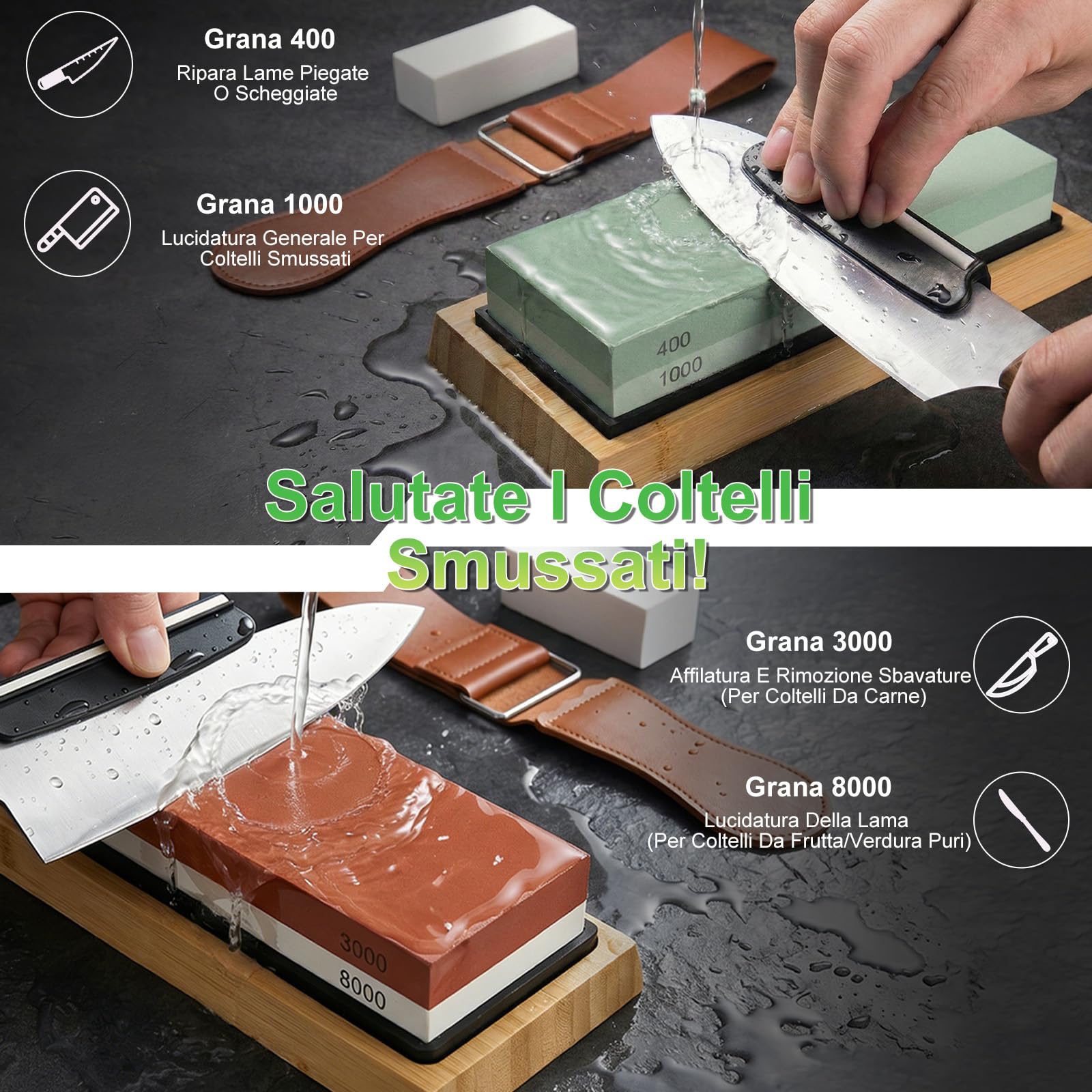 Pietra Affilacoltelli Giapponese 8-in-1 – Set 400/1000 & 3000/8000 per Affilare Coltelli, Supporto Antiscivolo in Bambù, Guida Angolare per Affilatura Precisa, Grana Fine e Grossa