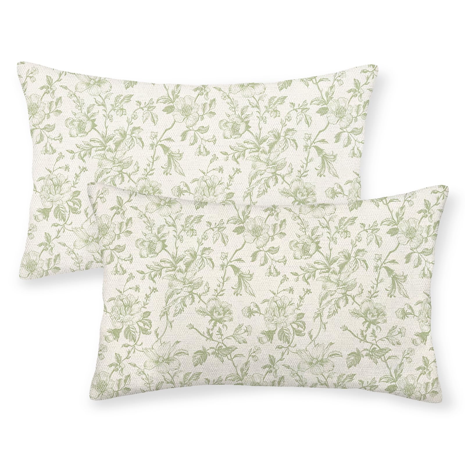 JEFERSO Sage Green Floral Pillow Covers 12x20 Set of 2 Light Green Chinoiserie Floral Decorative Throw Pillows Vintage Rustic Toile Flower Pillowcase