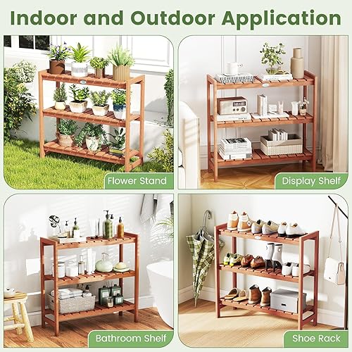 Miniatura 7 de Giantex Soporte para plantas de 3 niveles para interiores, estante de exhibición de macetas de madera maciza con estantes de listones, estante de