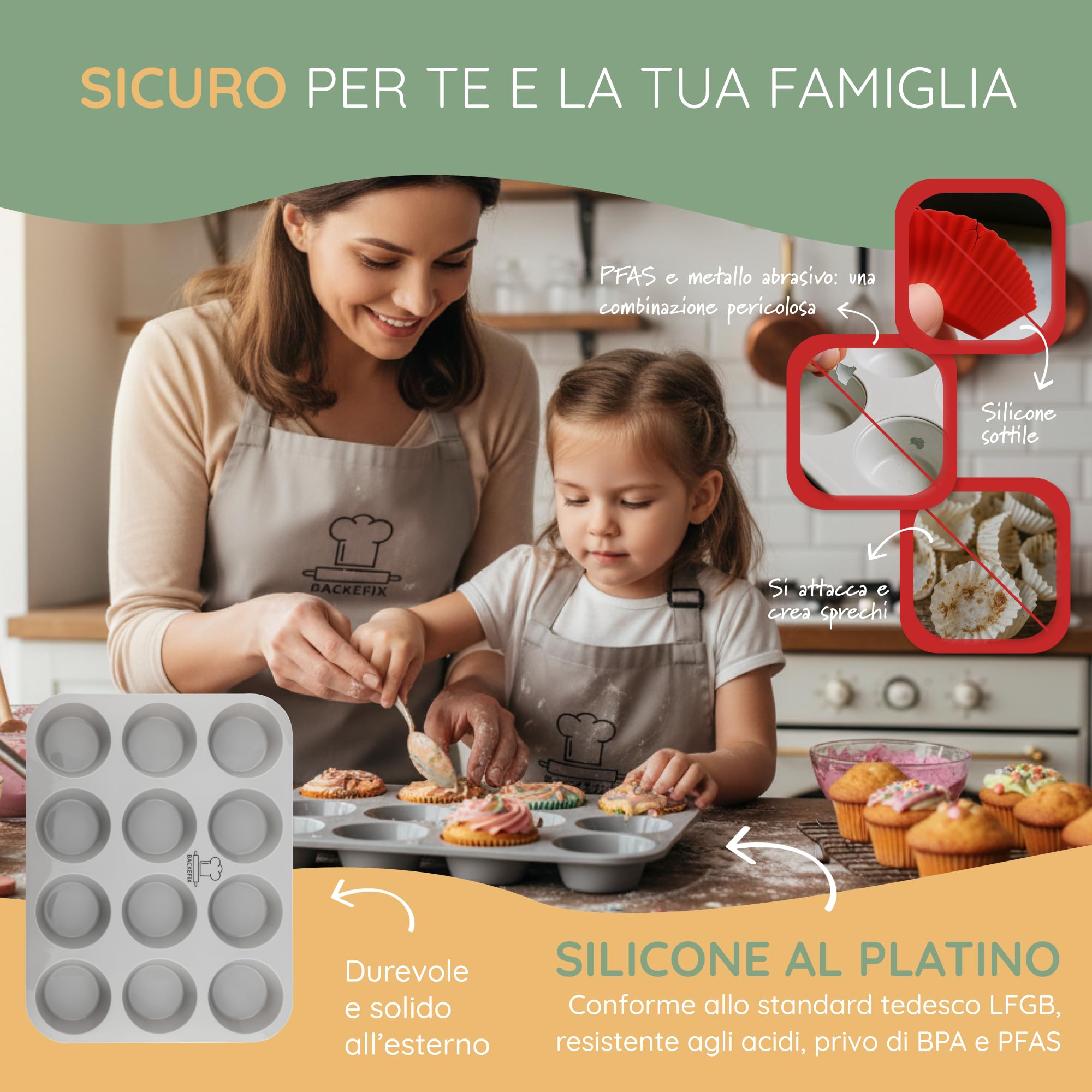 Backefix teglia per muffin in silicone 12 Flexi – stampo per muffin con 12 cavità, 80 ml ciascuna, antiaderente, senza pirottini, silicone platino, senza BPA & PFAS, lavabile in lavastoviglie, grigio