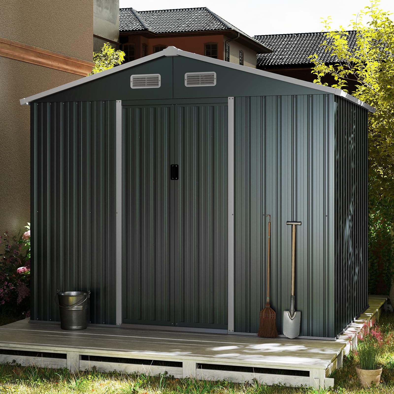 COSTWAY Casetta da Giardino 3,66㎡, Capanno da Esterno con Tetto Spiovente e Porte Scorrevoli, 4 Prese d'Aria e Base, in Metallo Zincato Resistente alle Intemperie, 235 x 171 x 196 cm
