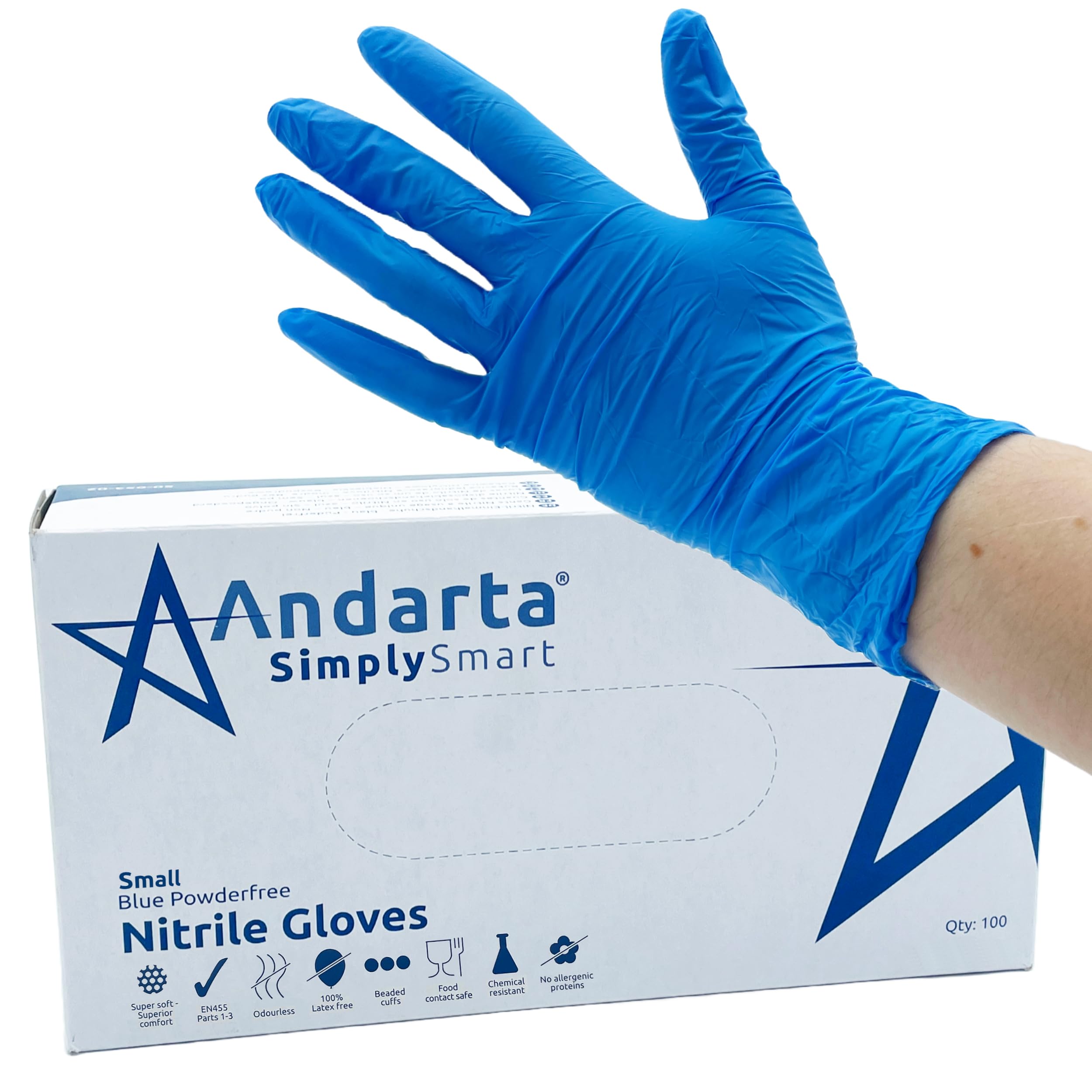 andarta - Nitrile Powder-free Small Disposable Gloves - Blue, Box of 100 - Latex-Free - with Textured Fingertips for Increased Grip - Reliable Protection - Ideal for Medical and Industrial Use โ image 1