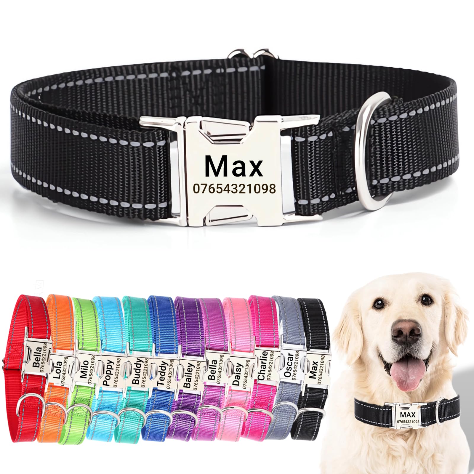 SEOUGEE Personalised Dog Collar with Engraved Metal Buckle, Reflective Nylon Collars for Small Medium Large Dogs with Custom Name Plate Phone Number, Adjustable (Black, S:Neck 30-40cm,Width 1.5cm) — image 1