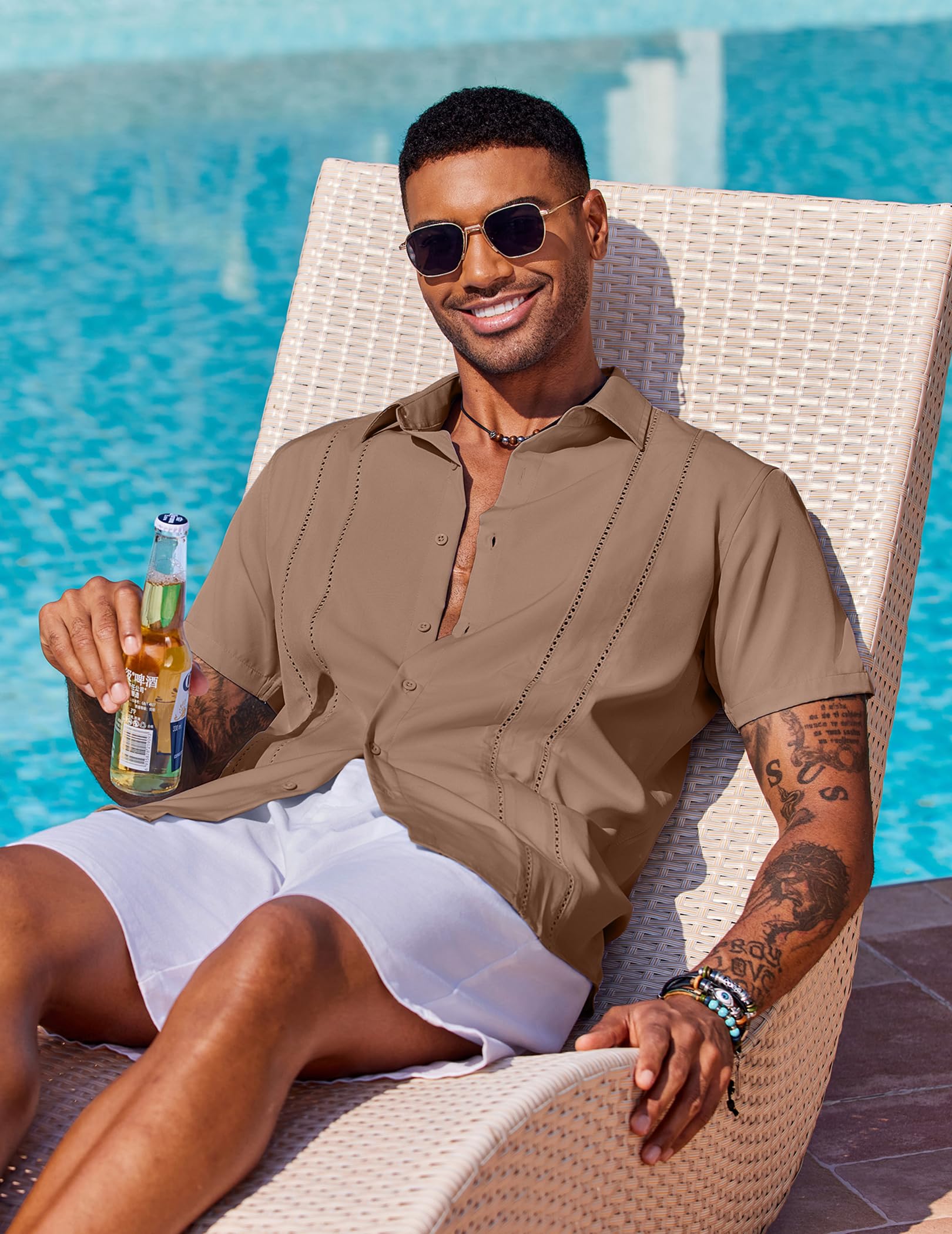COOFANDY Camicia da uomo cubana Guayabera, a maniche corte, con bottoni, estiva, per spiaggia, vacanze