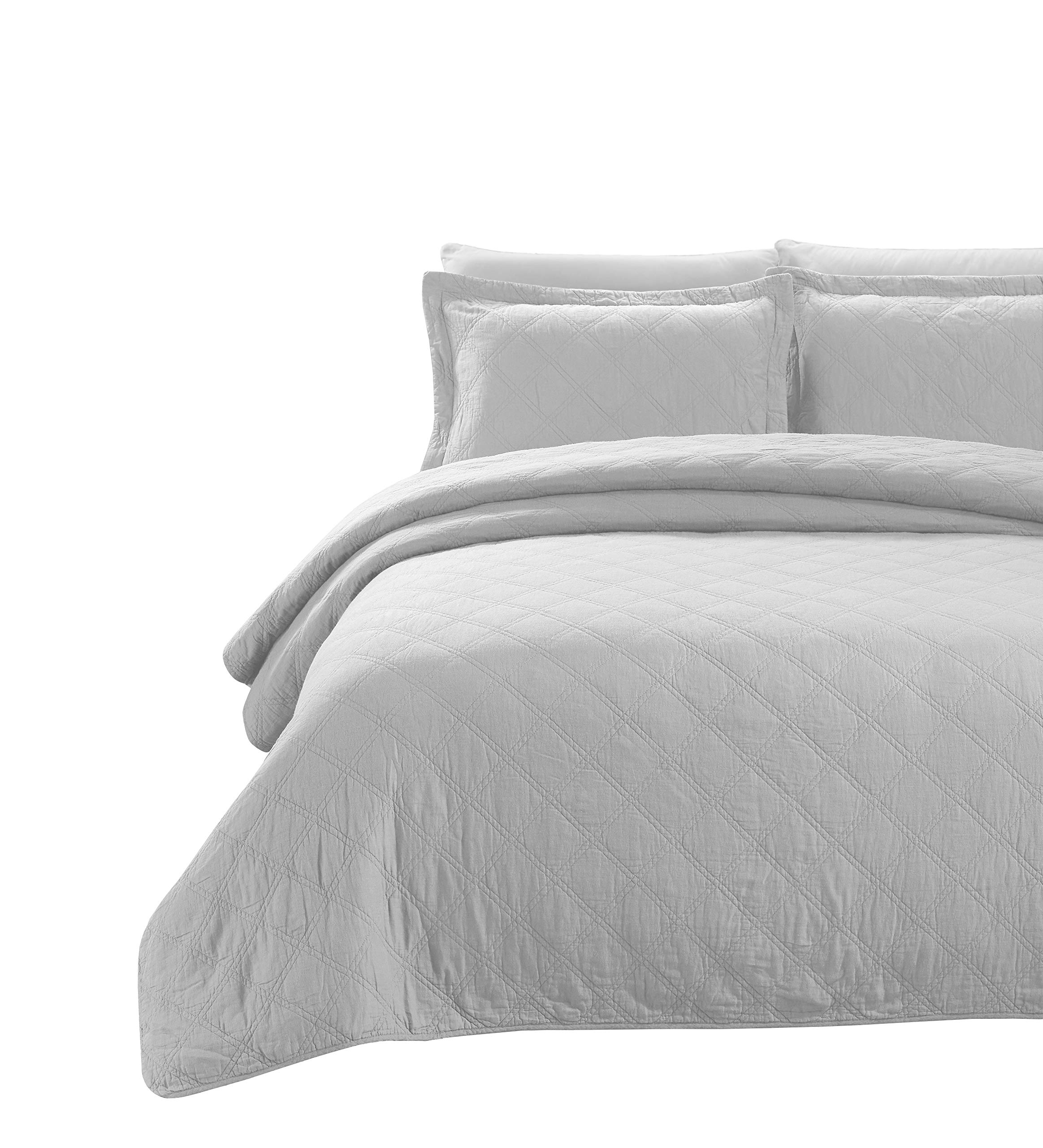 Chezmoi Collection Bristol 3-Piece Double Diamond Stitch Pattern Soft-Finished Vintage Washed 100% Cotton Quilt Set (Queen, White)