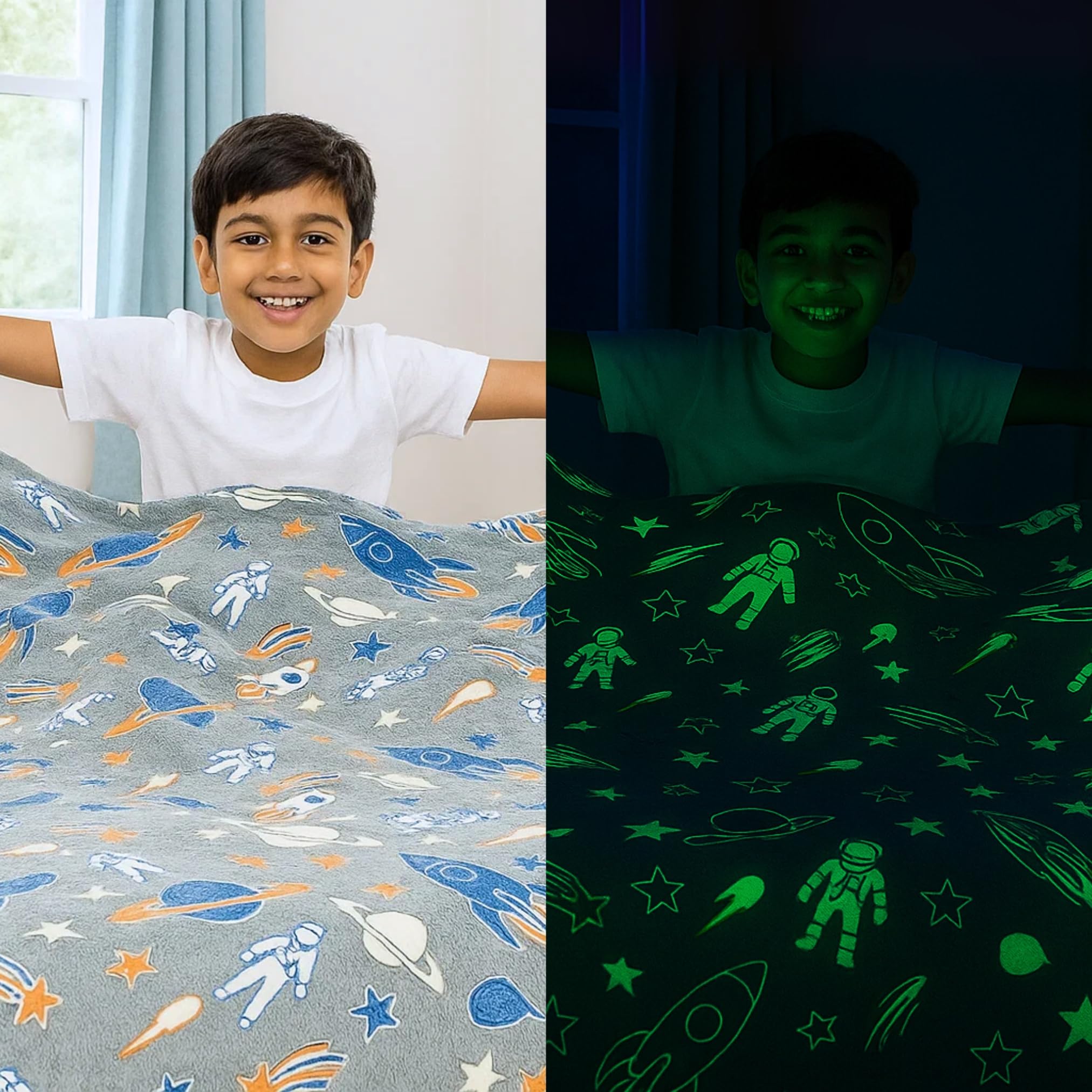 Famyo® Queen Size Glow in The Dark Blanket for Kids - Rocket | 200x152 cm, 0-15 Years | Soft Flannel Fleece Throw | Cozy & Warm All-Season Glow Blanket | Ideal Gift for Boys & Girls (Grey)