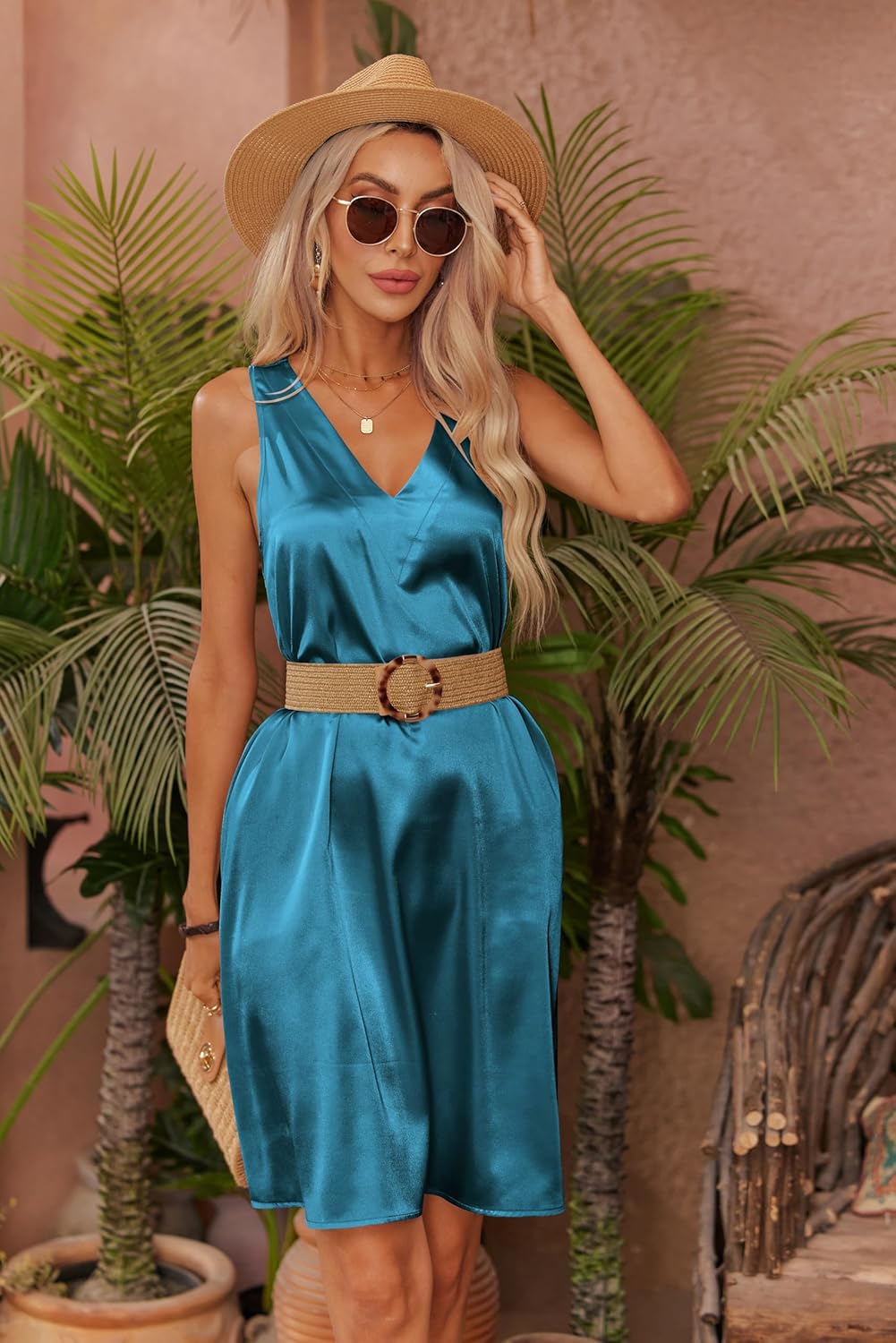 Ekouaer Women's Satin Silk Nightgown V Neck Nightie Tank Sleepshirt Sleeveless Summer Dress Comfy Loungewear - Image 3