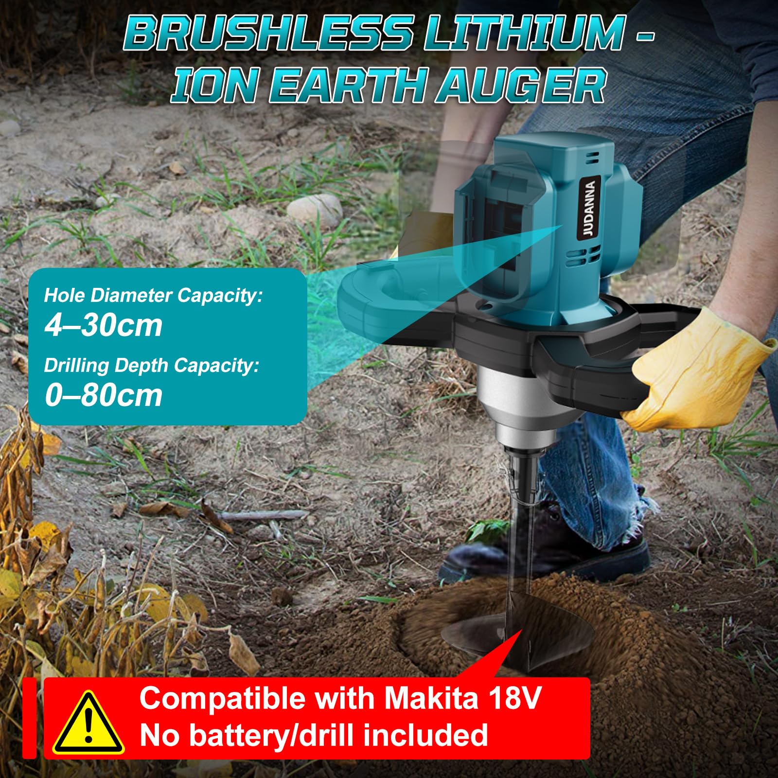 Professional Akku-Erdbohrer für Makita 18V Akku (ohne Akku), Erdlochbohrer | Pfahlbohrer Bürstenloser Motor für Gartenbau/Pfahlsetzung, Kompatibel mit 20 mm gemahlenen Bohrerbits, Eisbohrbits,
