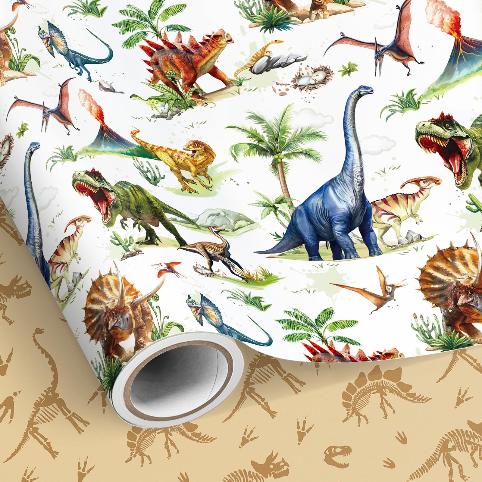Neloheac Realistic Dinosaurs Wrapping Paper Roll 43CM x 10M Reversible โ image 1
