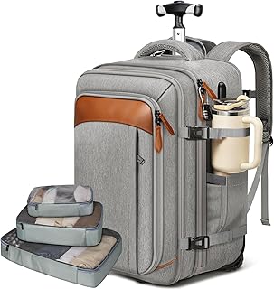 Vancropak Expandable Travel Rolling Backpack with Wheels, Airline Approved Wheeled Backpack with 3 Packing Cubes, 17 Inch Roller Carry on Luggage Suitcase Laptop Bag with USB Port for Men Women, Grey