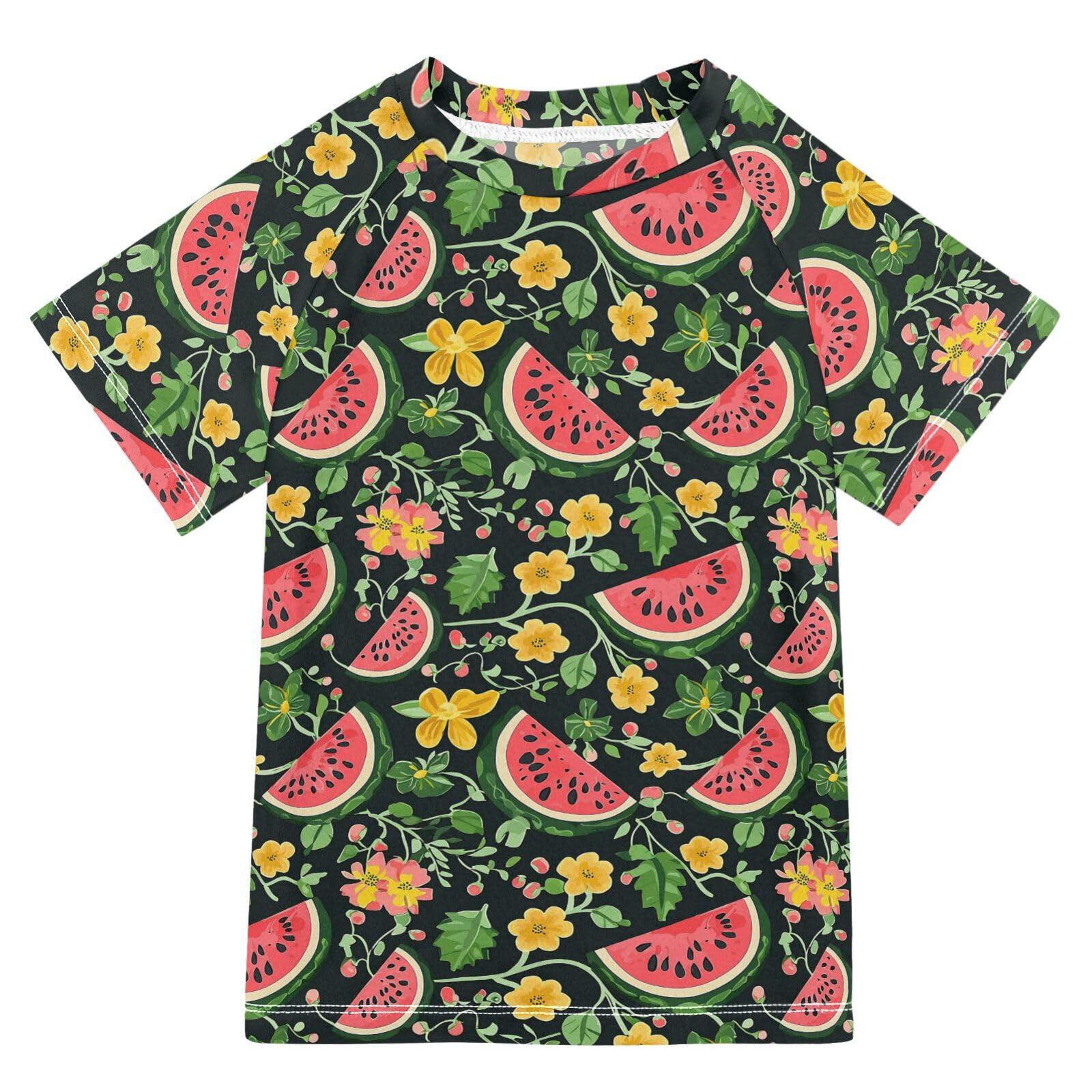 Boy Bathing Suit Short Sleeve Rash Guard Swimsuit 9T Watermelons Slices Leaves Flowers