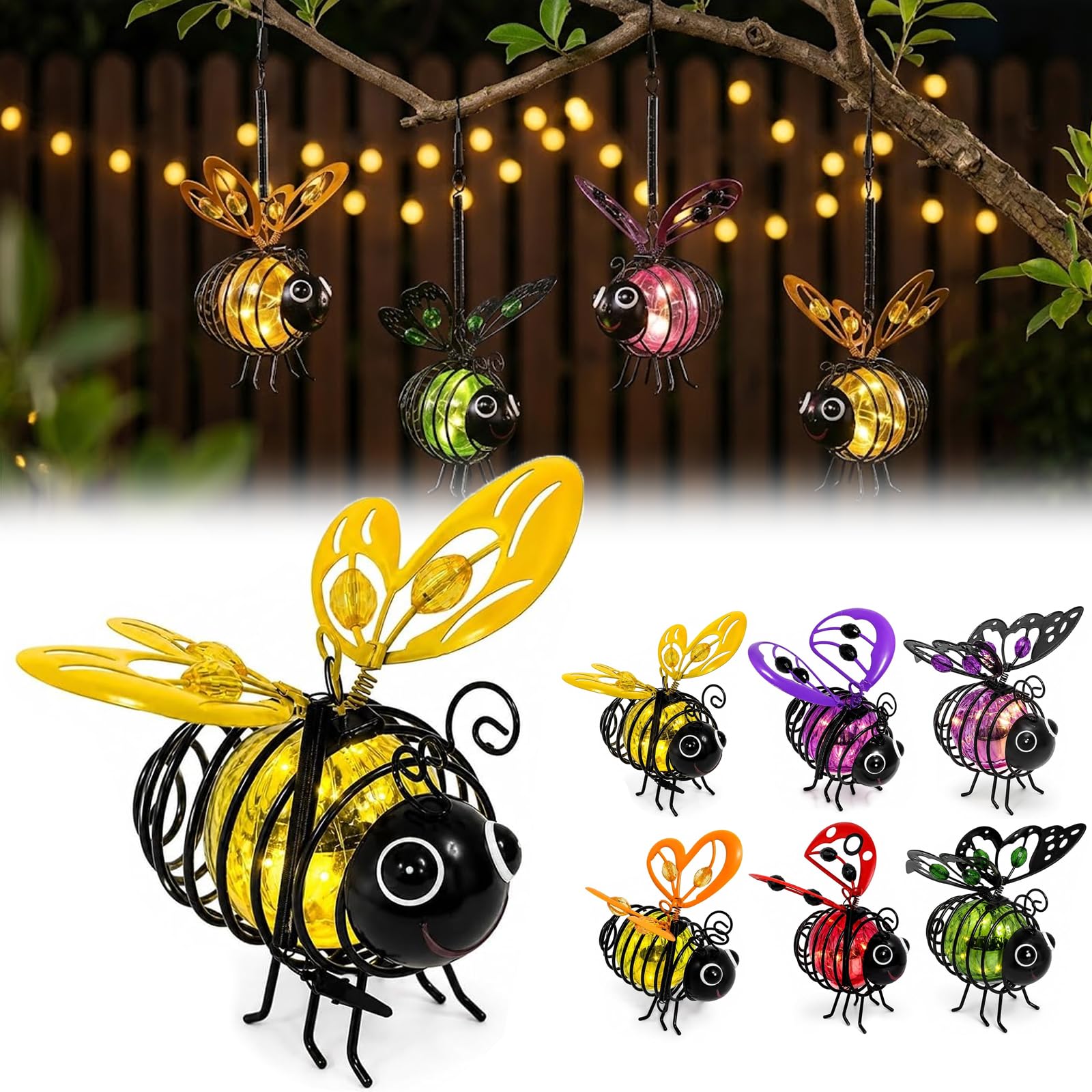 Solar-Powered Hanging Bee Light for Garden, Flicker-Free, Waterproof，Yellow