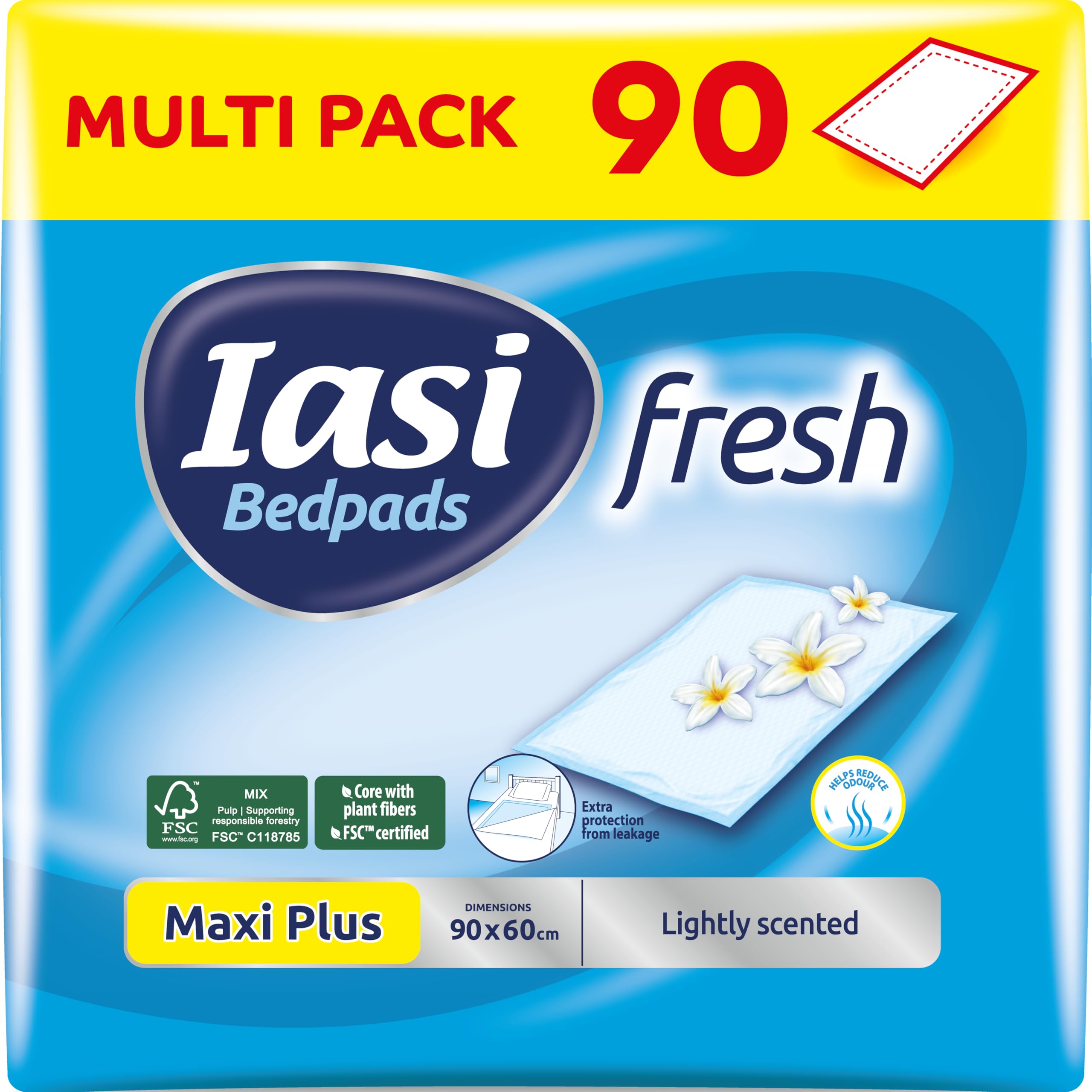 IASI Bedpad Fresh, Einweg-Bettquerträger 60x90, Maxi Plus Saugfähigkeit, Geruchskontrolltechnologie mit zartem Duft, 90 Stück