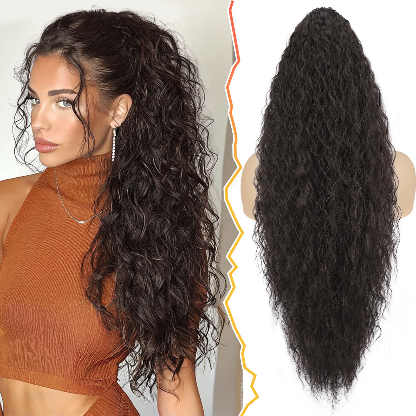 BARSDAR 30 Inch Long Curly Wavy Drawstring Ponytail Extension, Synthetic Comb Clip in Ponytail Hairpiece for Women Voluminous Dark Chocolate Brown Ponytail Hair Extensions Fake Ponytail Hairpieces